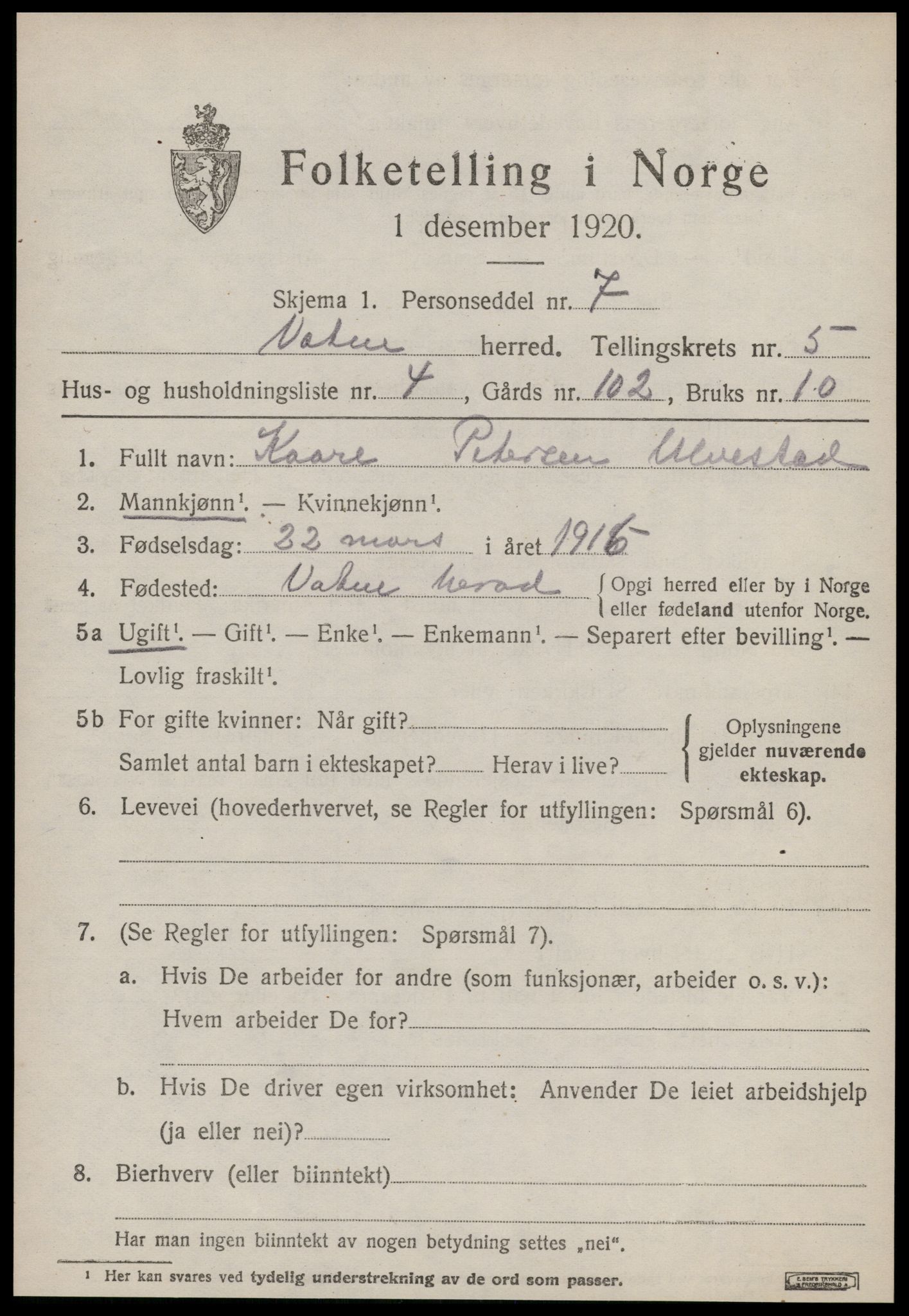 SAT, 1920 census for Vatne, 1920, p. 2204