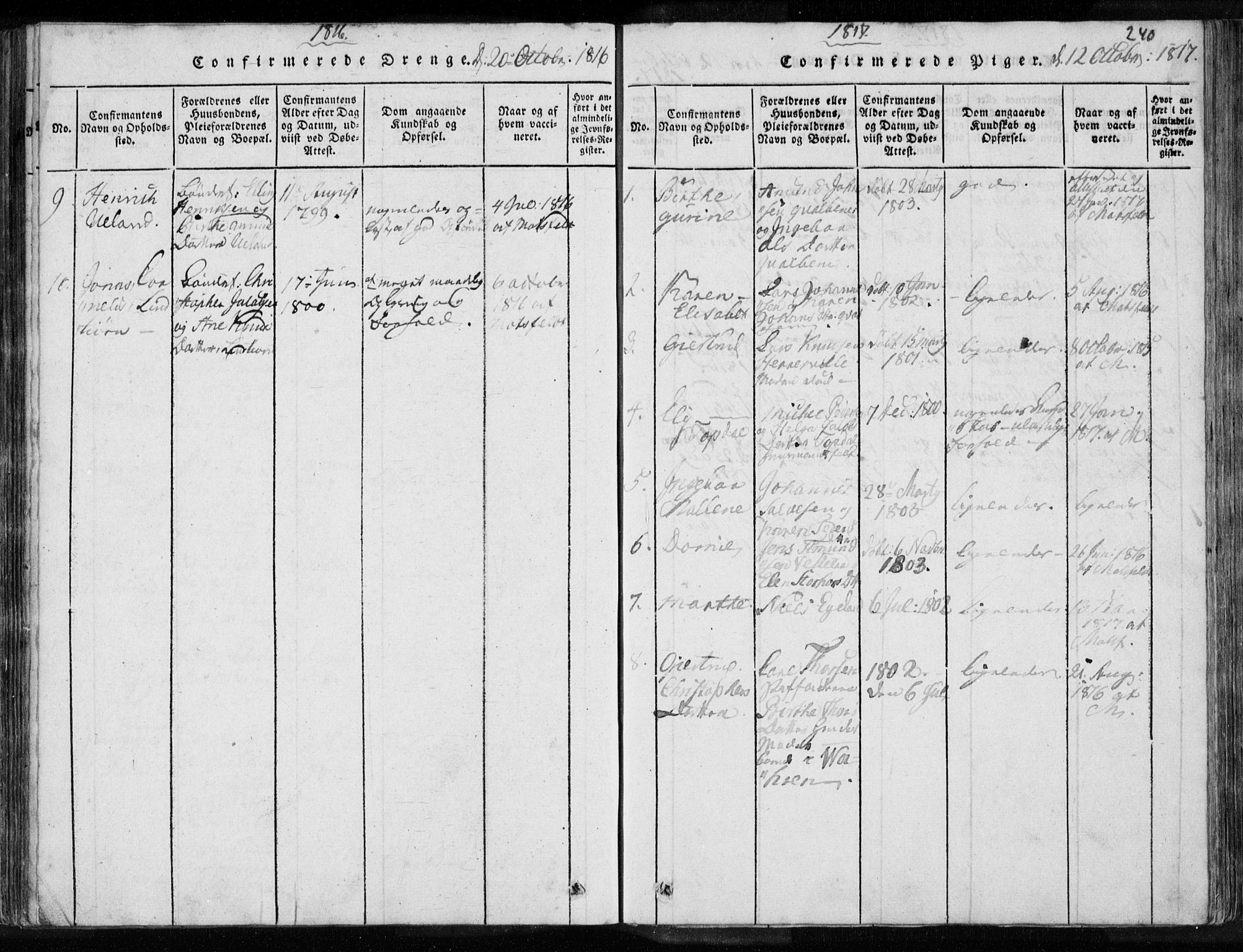 Eigersund sokneprestkontor, SAST/A-101807/S08/L0008: Parish register (official) no. A 8, 1816-1847, p. 240