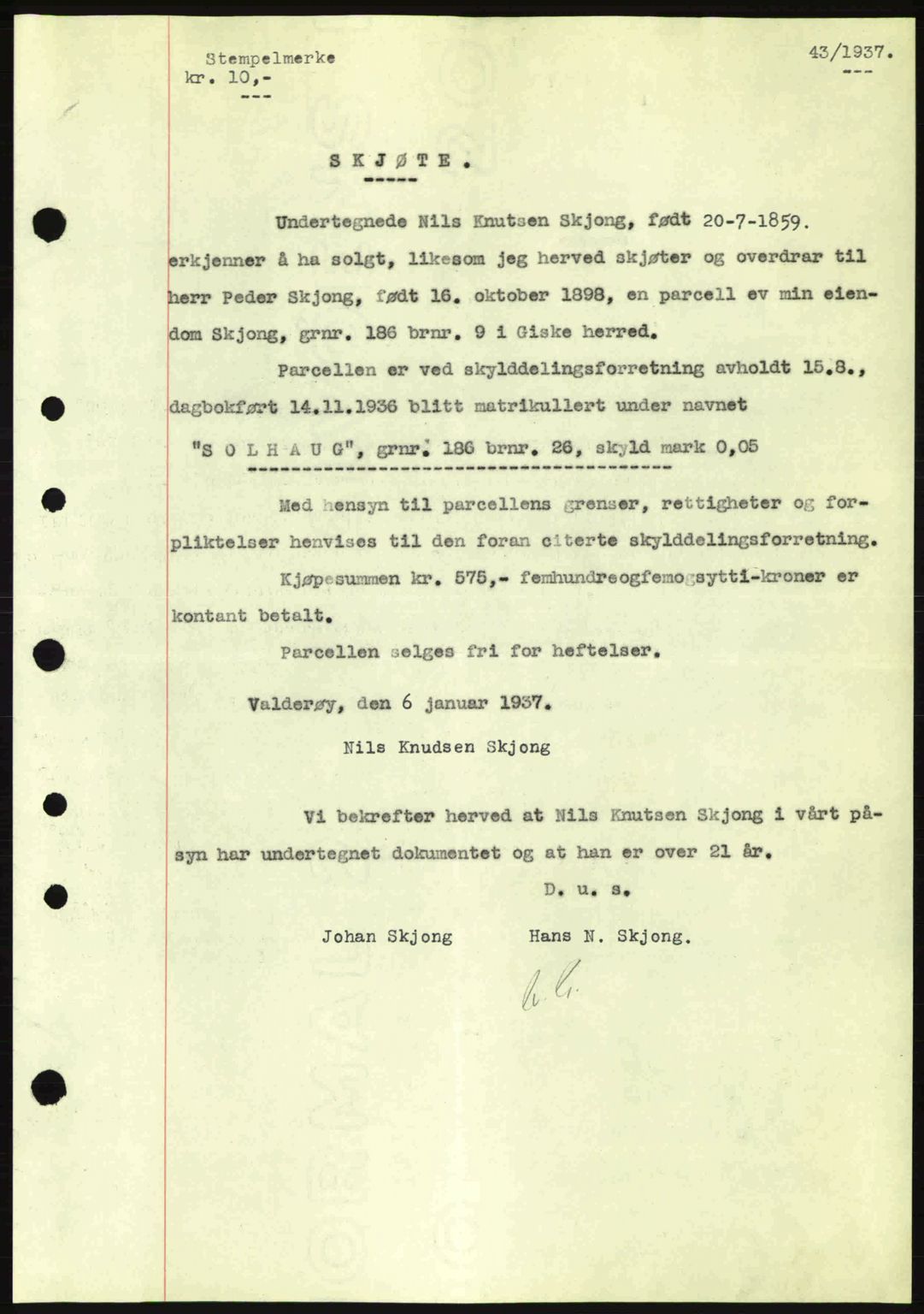 Nordre Sunnmøre sorenskriveri, AV/SAT-A-0006/1/2/2C/2Ca: Mortgage book no. A2, 1936-1937, Diary no: : 43/1937