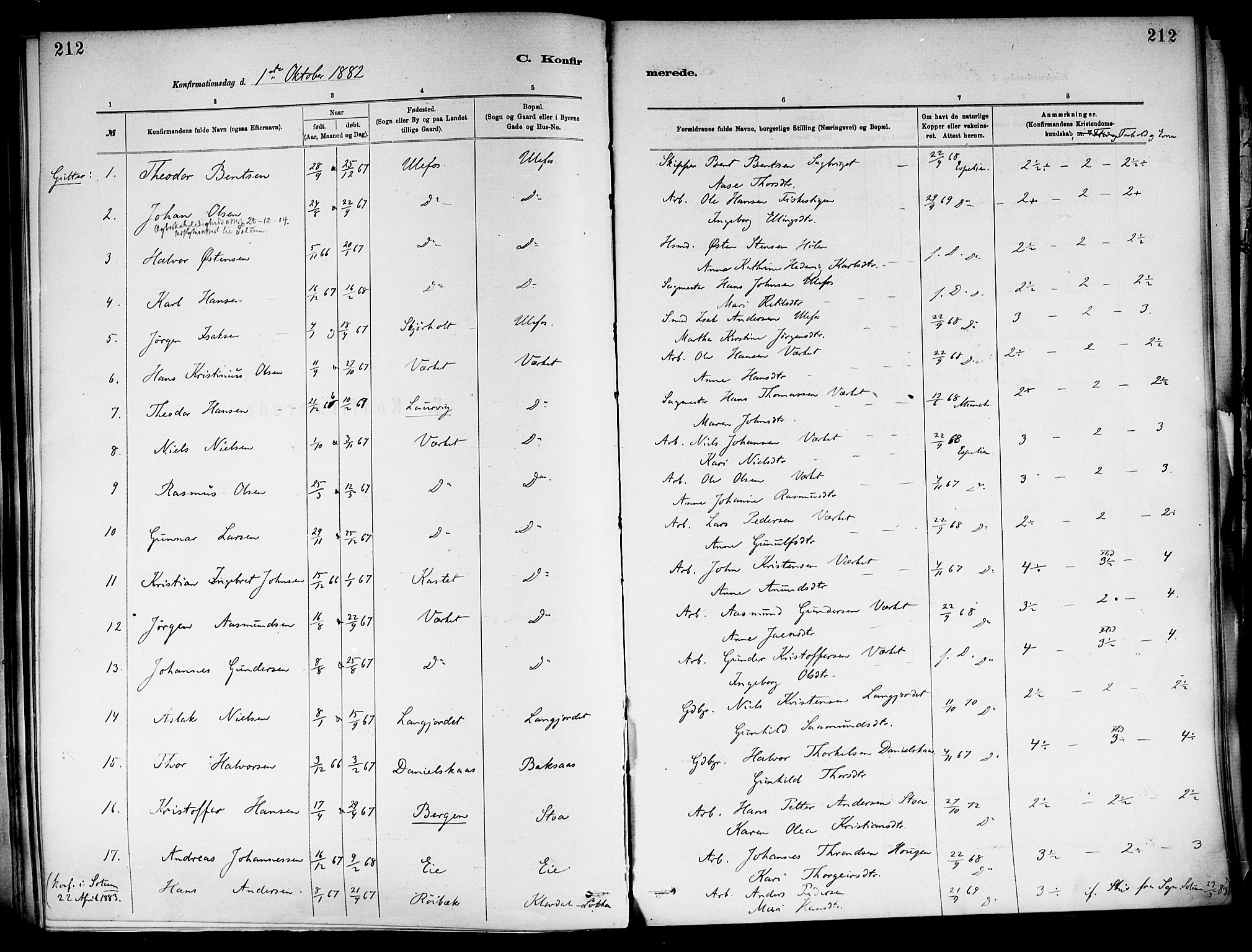 Holla kirkebøker, AV/SAKO-A-272/F/Fa/L0008: Parish register (official) no. 8, 1882-1897, p. 212