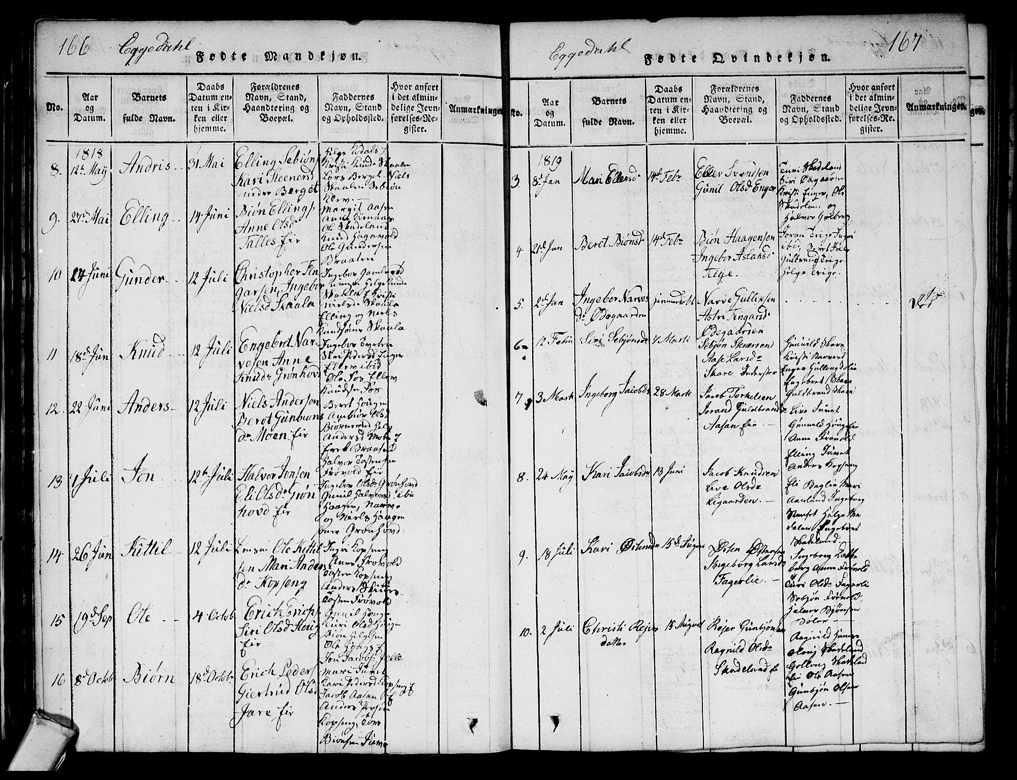 Sigdal kirkebøker, AV/SAKO-A-245/G/Ga/L0001: Parish register (copy) no. I 1 /2, 1816-1835, p. 166-167