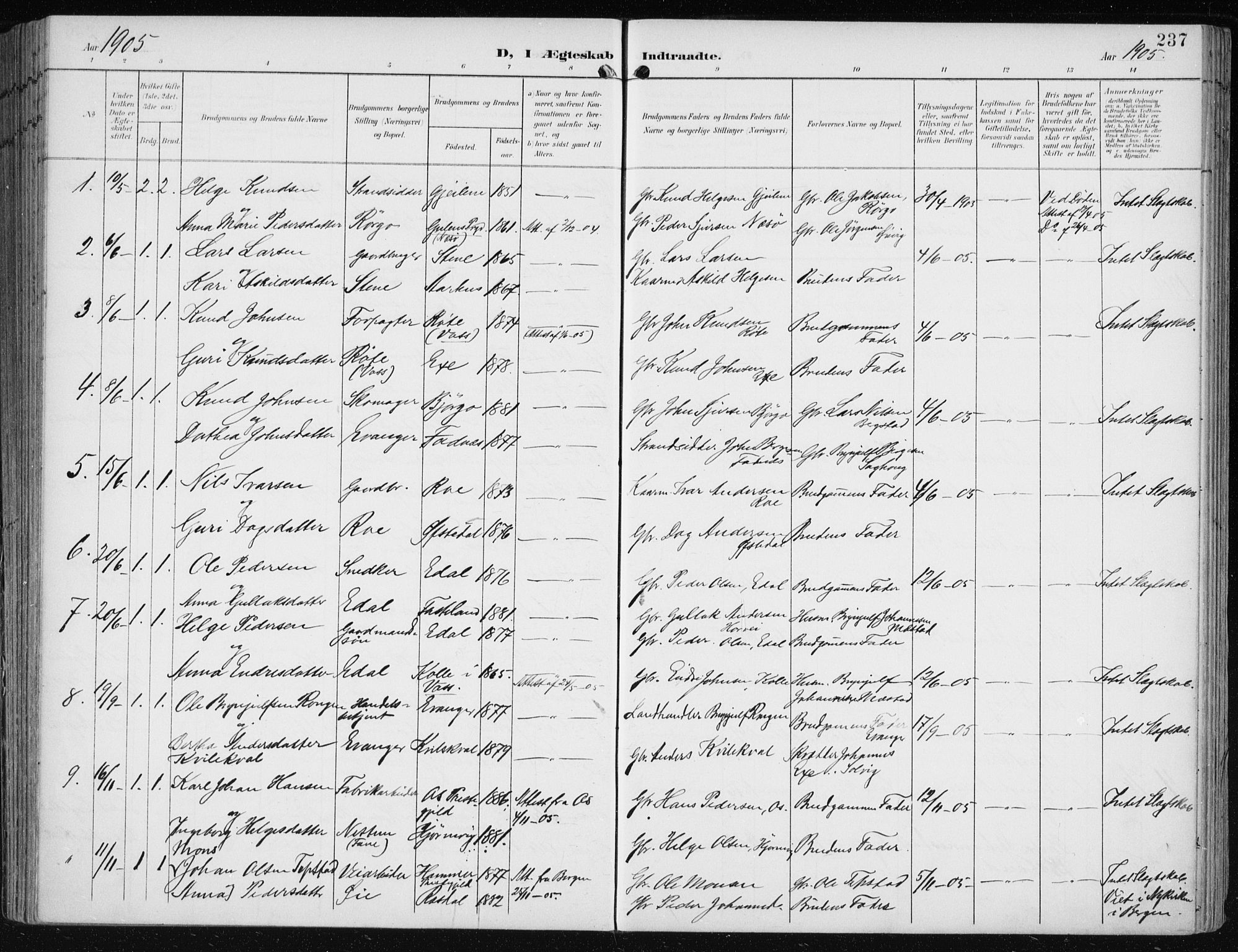Evanger sokneprestembete, SAB/A-99924: Parish register (official) no. A  3, 1900-1930, p. 237