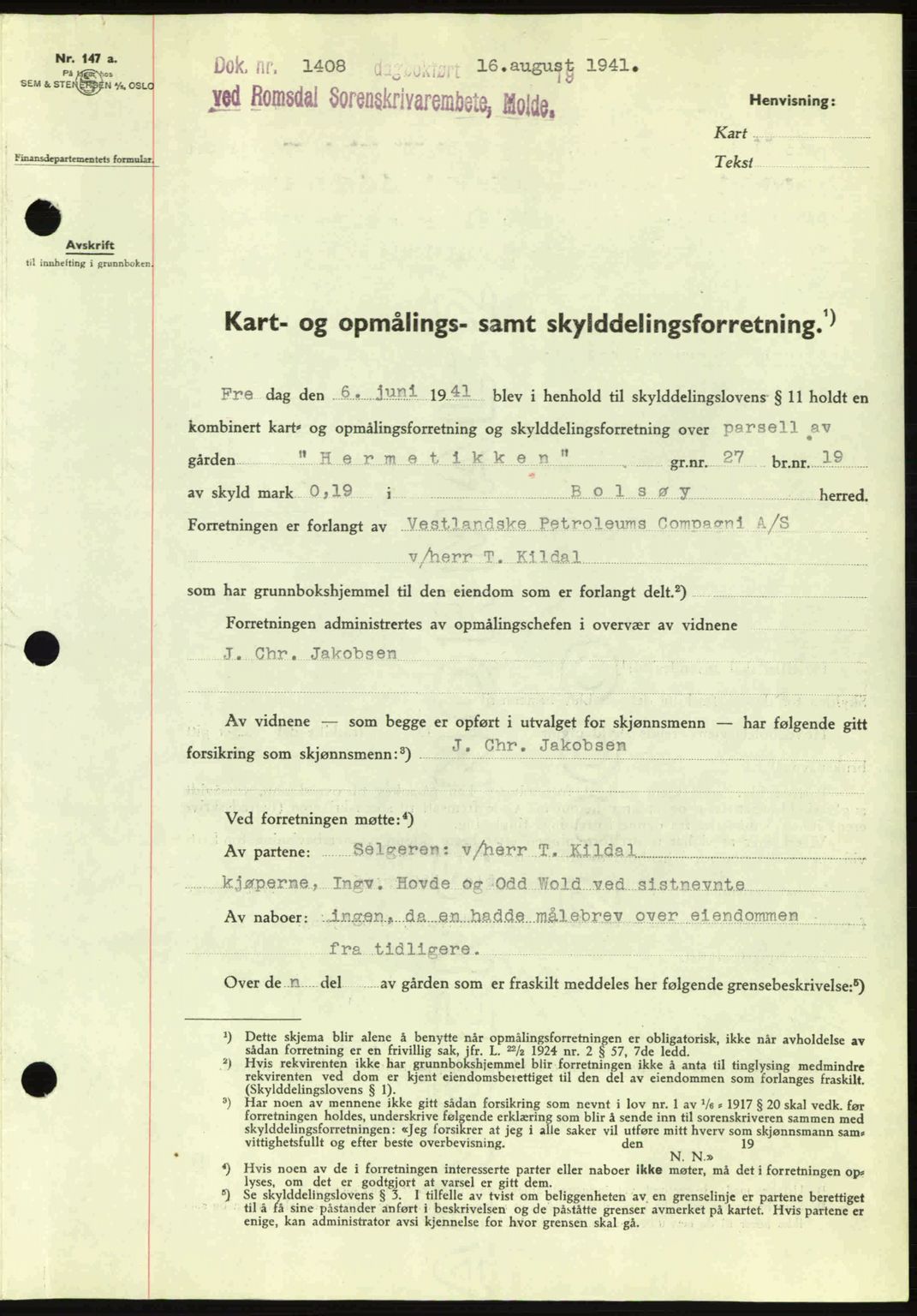 Romsdal sorenskriveri, AV/SAT-A-4149/1/2/2C: Mortgage book no. A10, 1941-1941, Diary no: : 1408/1941