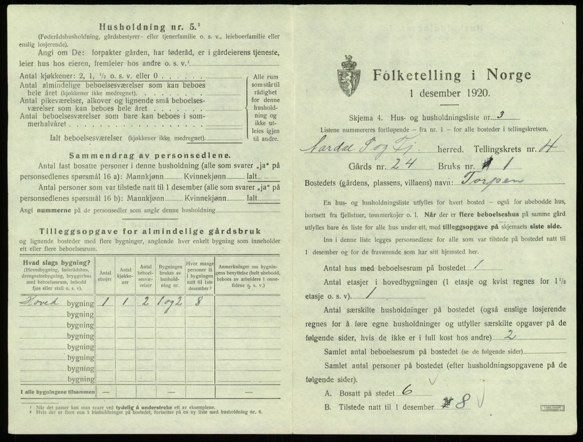 SAB, 1920 census for Årdal, 1920, p. 343