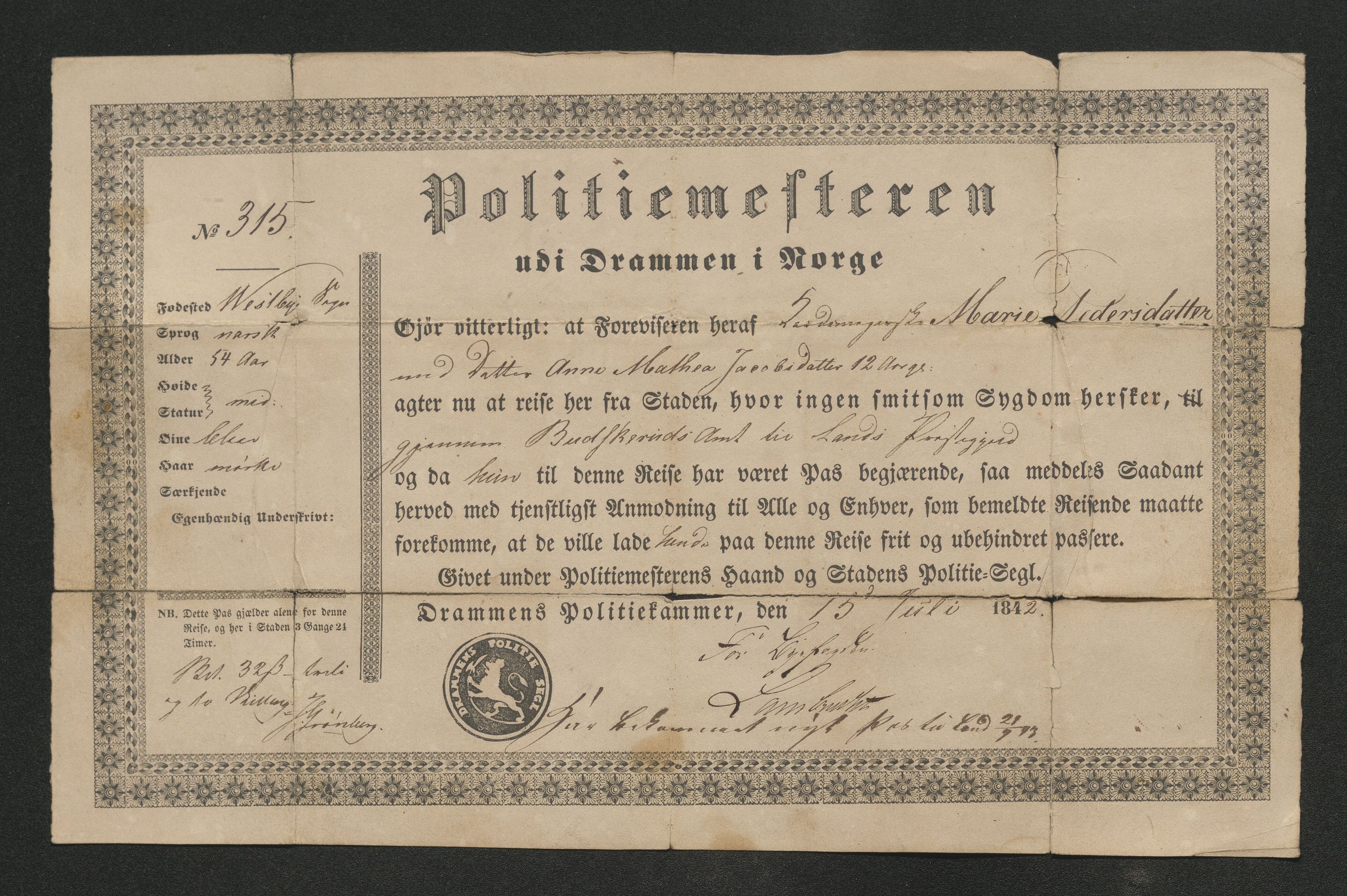 Drammen politikammer, SAKO/A-623/I/Ia/Iab/L0007: Innleverte pass, 1843-1844, p. 239