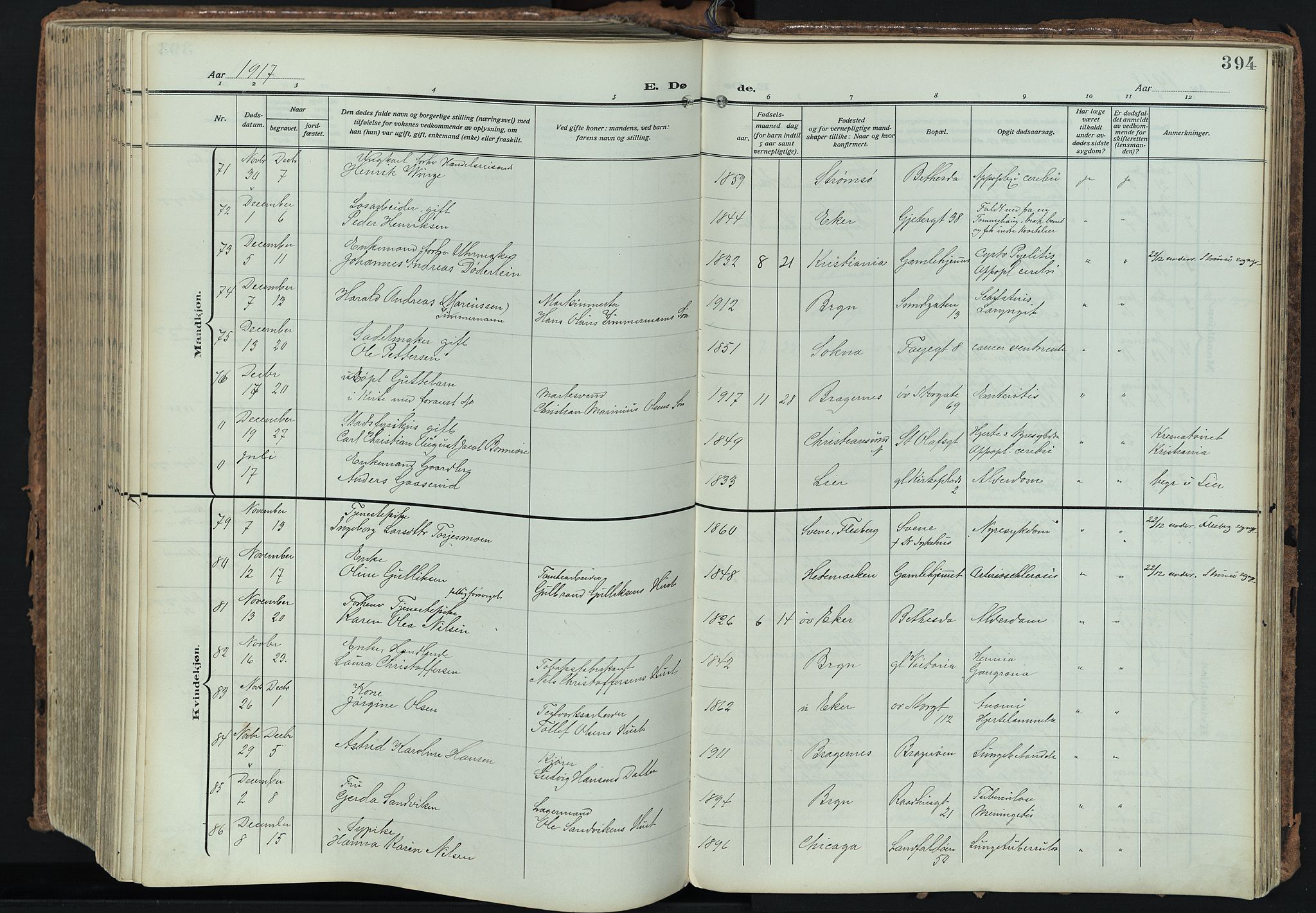 Bragernes kirkebøker, SAKO/A-6/F/Fb/L0010: Parish register (official) no. II 10, 1911-1922, p. 394
