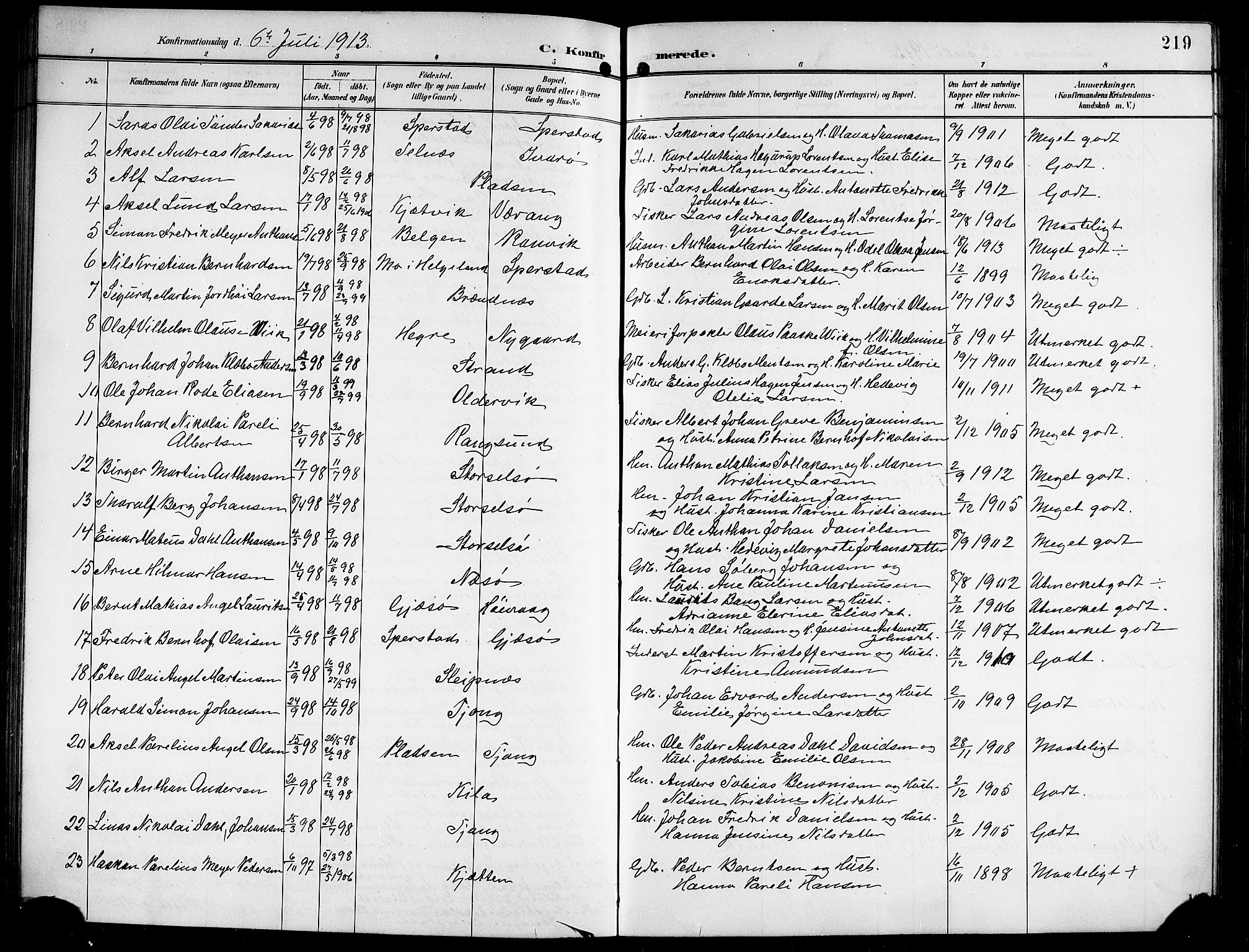 Ministerialprotokoller, klokkerbøker og fødselsregistre - Nordland, SAT/A-1459/841/L0621: Parish register (copy) no. 841C05, 1897-1923, p. 219