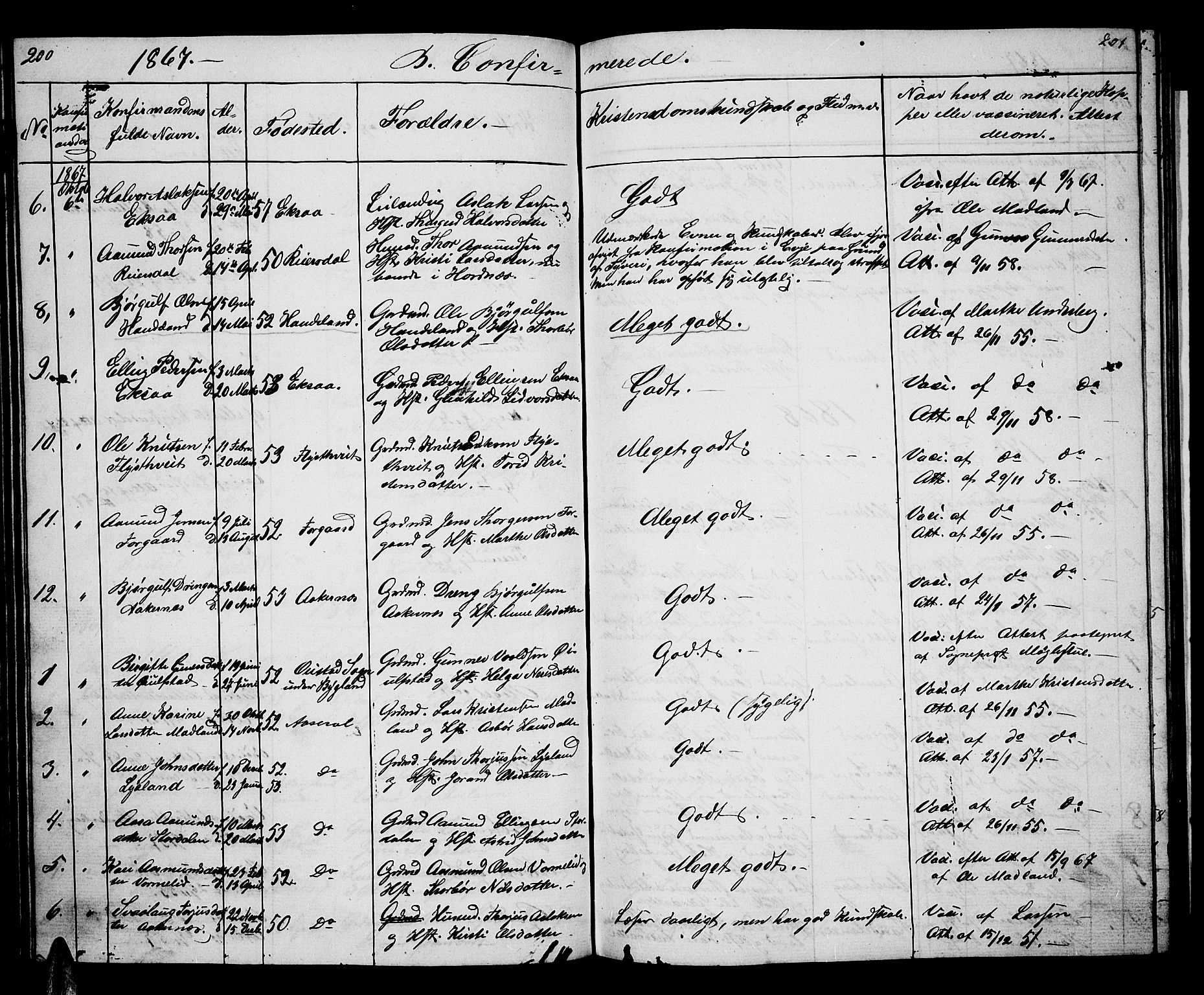 Åseral sokneprestkontor, AV/SAK-1111-0051/F/Fb/L0001: Parish register (copy) no. B 1, 1856-1877, p. 200-201