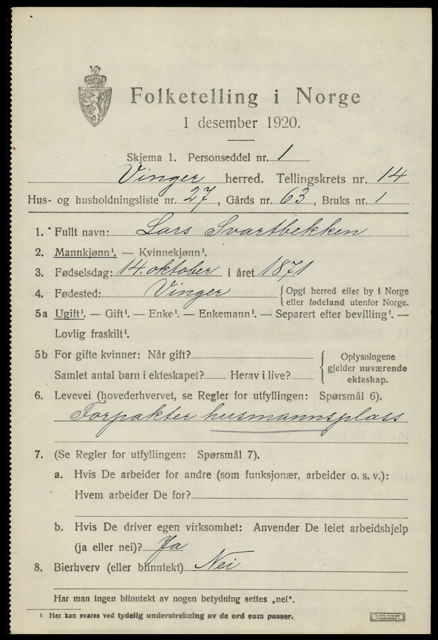 SAH, 1920 census for Vinger, 1920, p. 11676