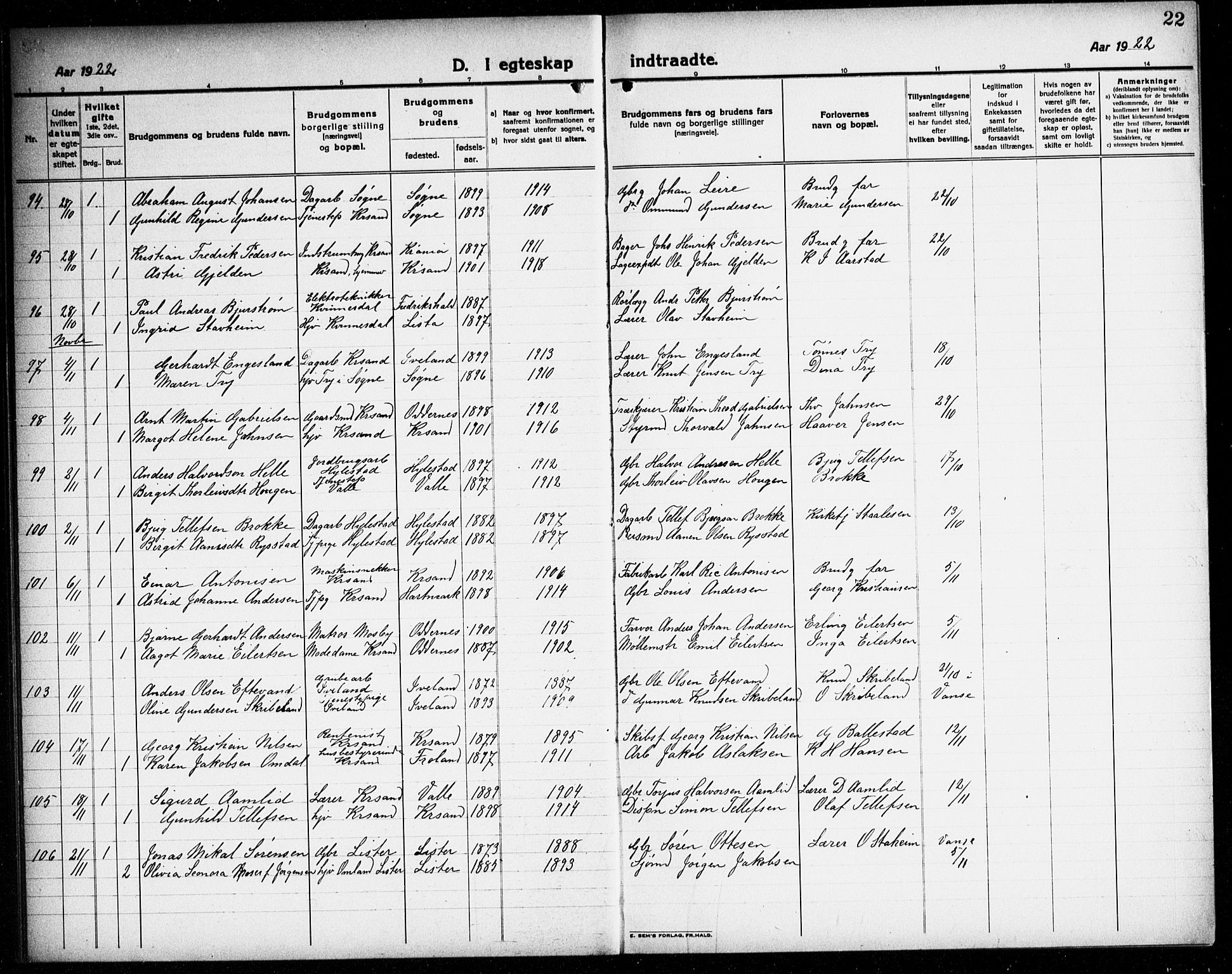 Kristiansand domprosti, AV/SAK-1112-0006/F/Fb/L0023: Parish register (copy) no. B 23, 1921-1937, p. 22