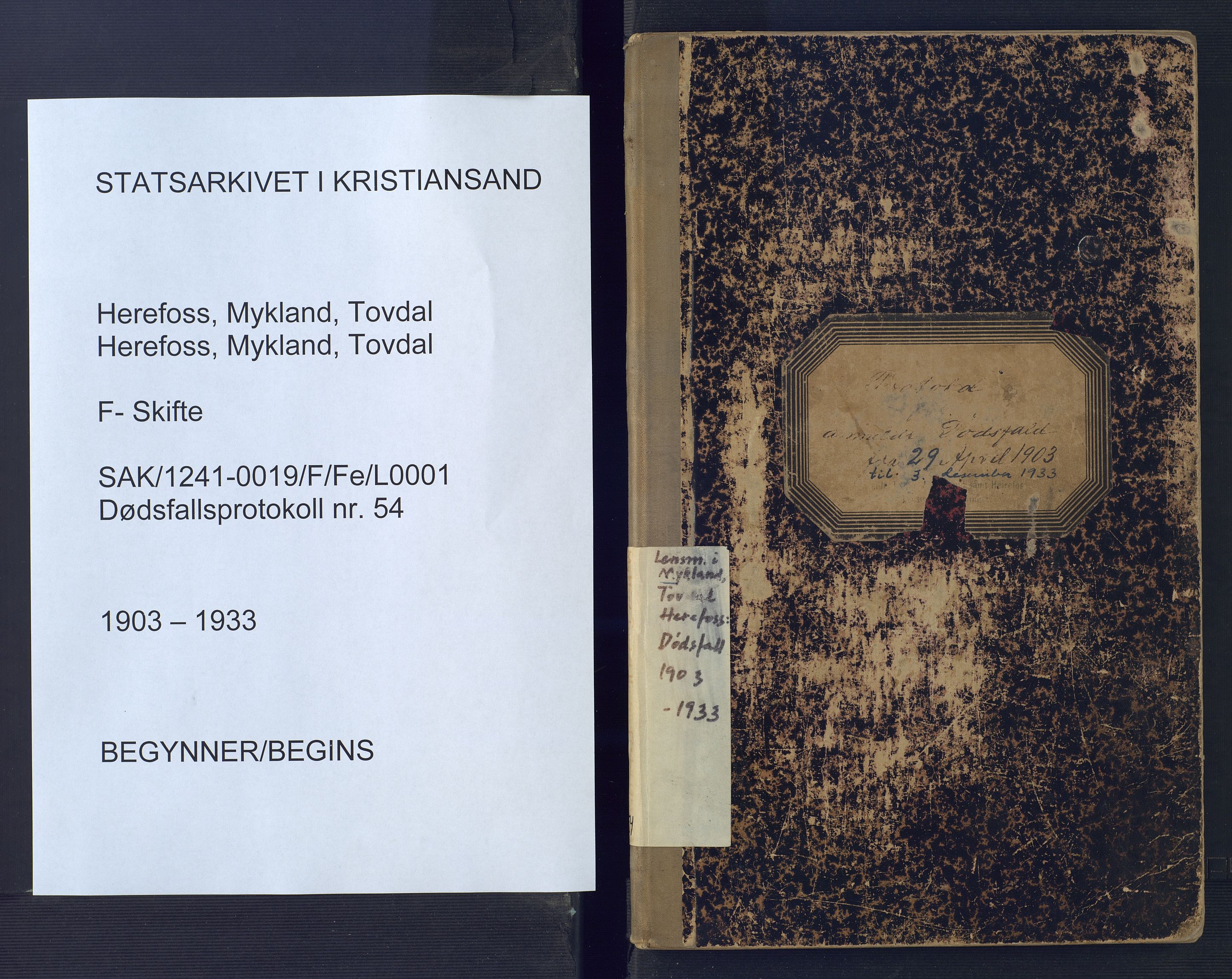 Herefoss Mykland Tovdal lensmannskontor, SAK/1241-0019/F/Fe/L0001: Dødsfallsprotokoll nr 54, 1903-1933