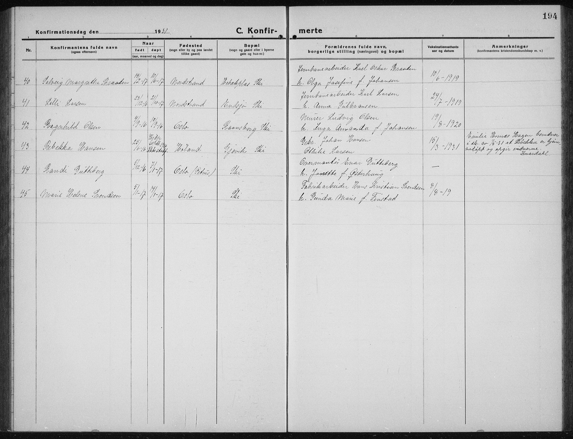 Kråkstad prestekontor Kirkebøker, AV/SAO-A-10125a/G/Gb/L0002: Parish register (copy) no. II 2, 1921-1941, p. 194