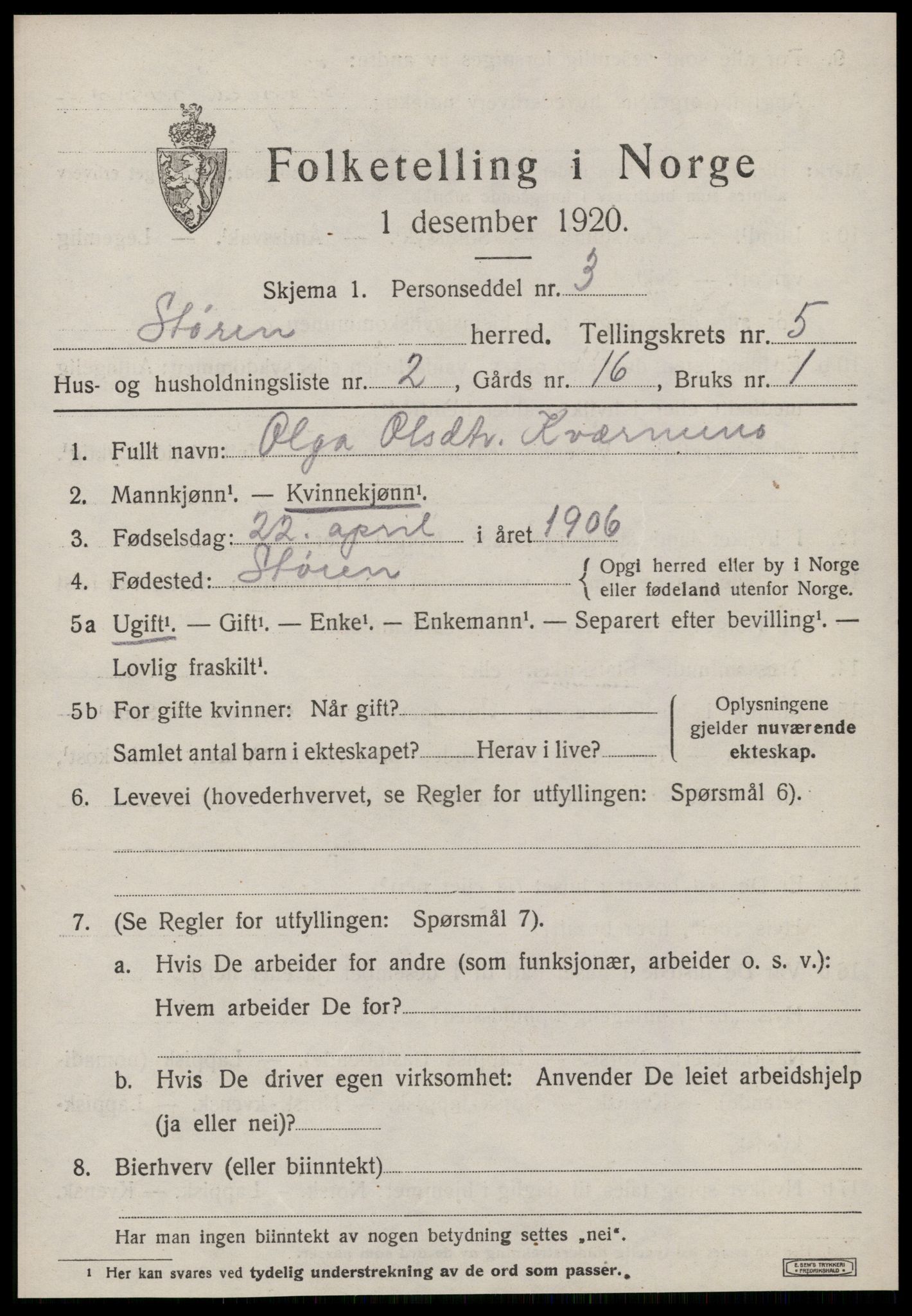 SAT, 1920 census for Støren, 1920, p. 3470