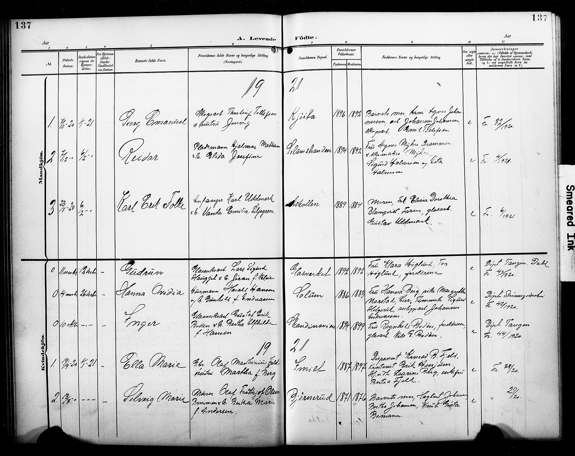 Skoger kirkebøker, SAKO/A-59/G/Ga/L0003: Parish register (copy) no. I 3, 1900-1927, p. 137