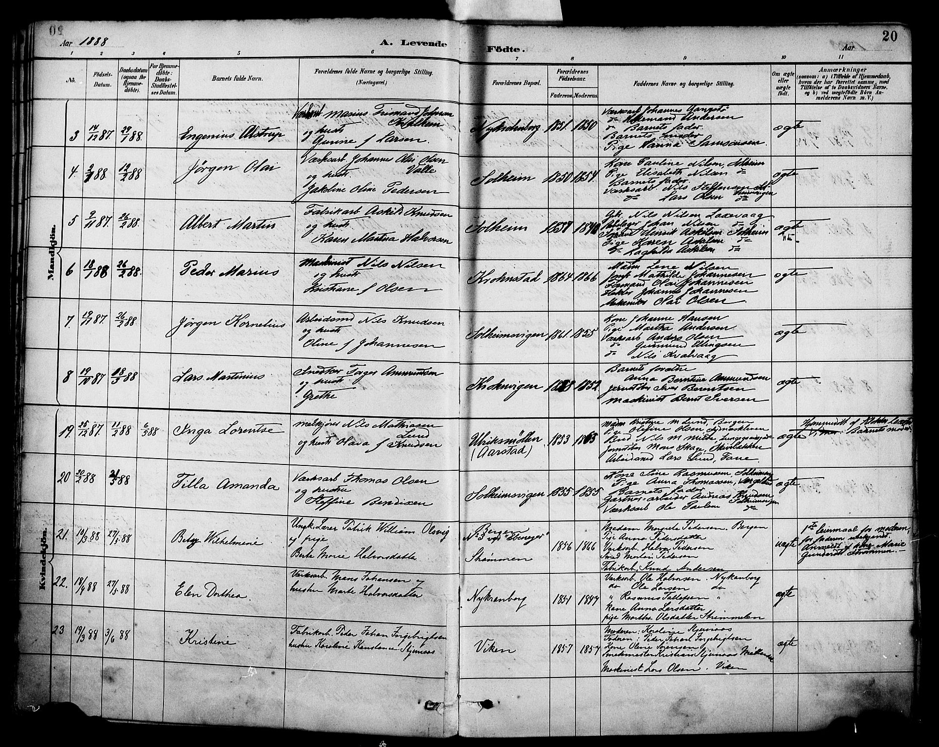 Årstad Sokneprestembete, AV/SAB-A-79301/H/Haa/L0001: Parish register (official) no. A 1, 1886-1901, p. 20