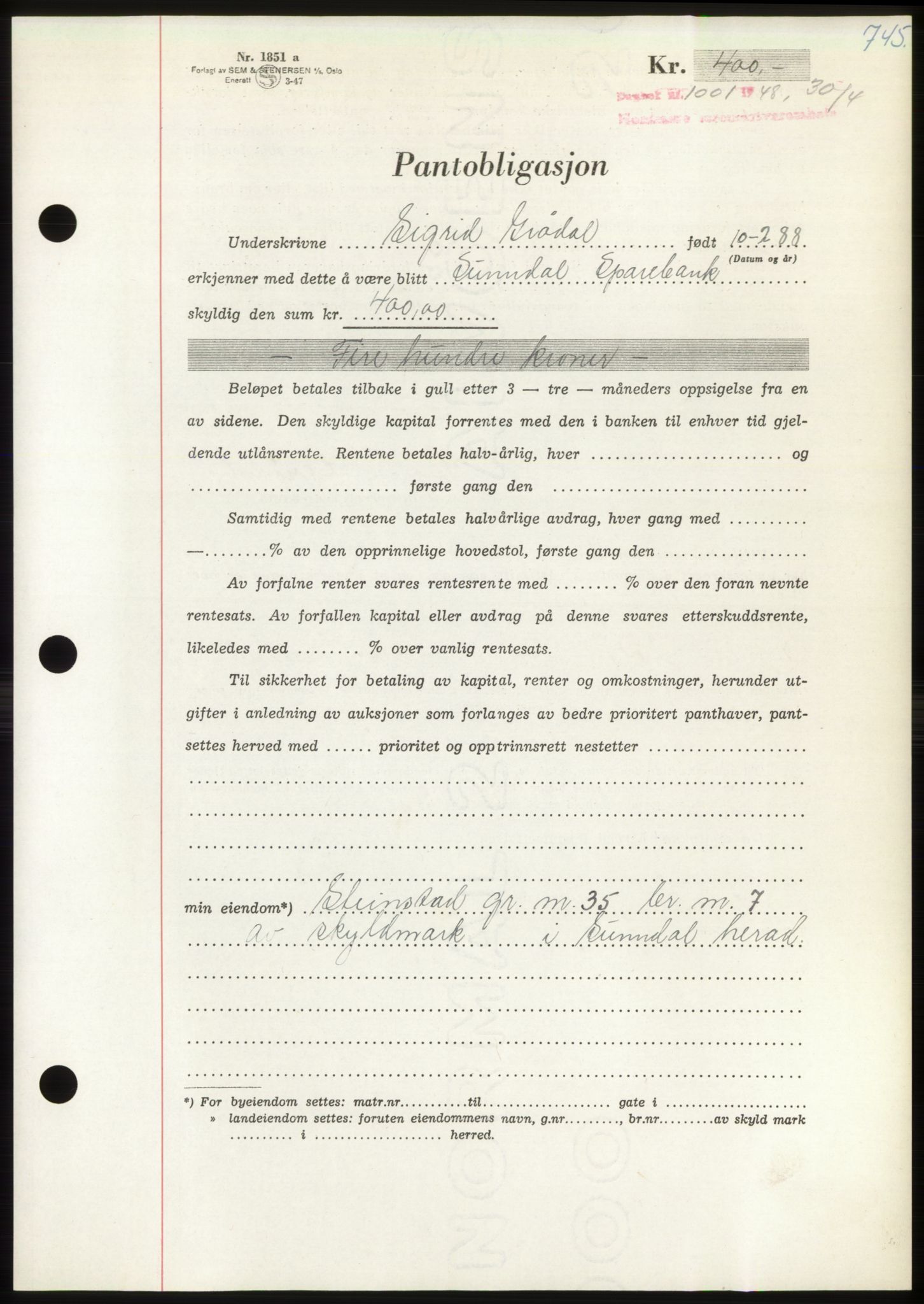 Nordmøre sorenskriveri, AV/SAT-A-4132/1/2/2Ca: Mortgage book no. B98, 1948-1948, Diary no: : 1001/1948