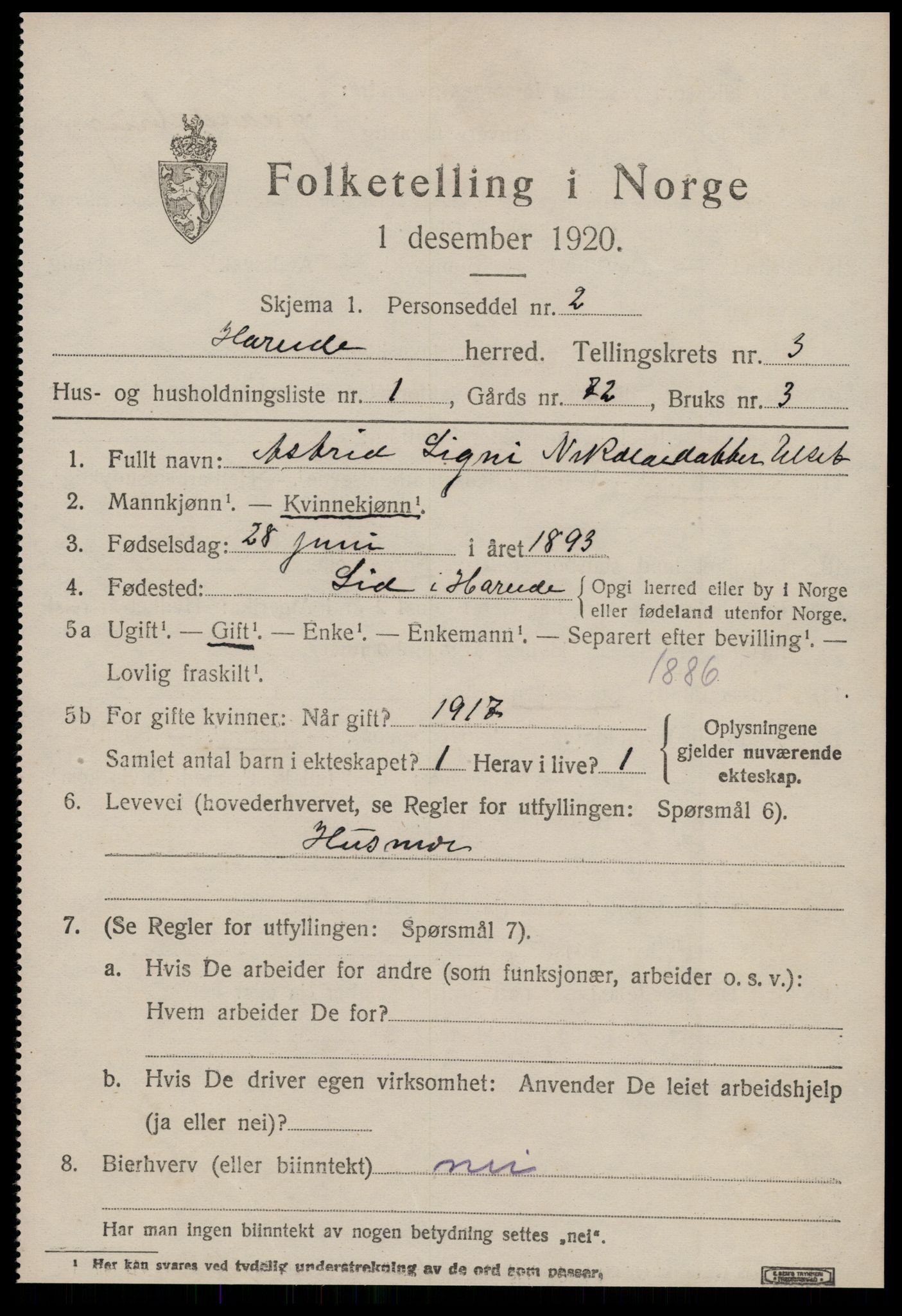 SAT, 1920 census for Hareid, 1920, p. 1389