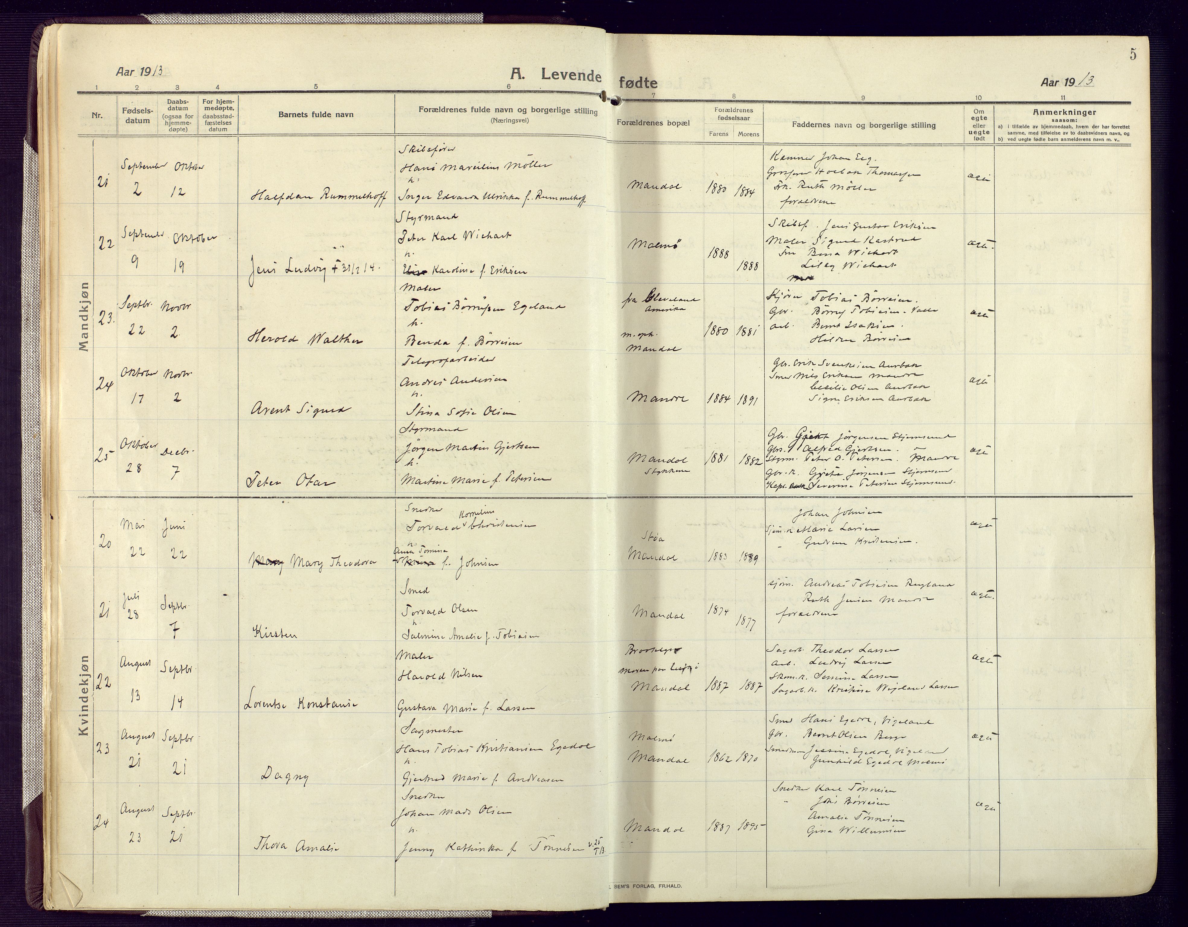 Mandal sokneprestkontor, SAK/1111-0030/F/Fa/Fac/L0001: Parish register (official) no. A 1, 1913-1925, p. 5