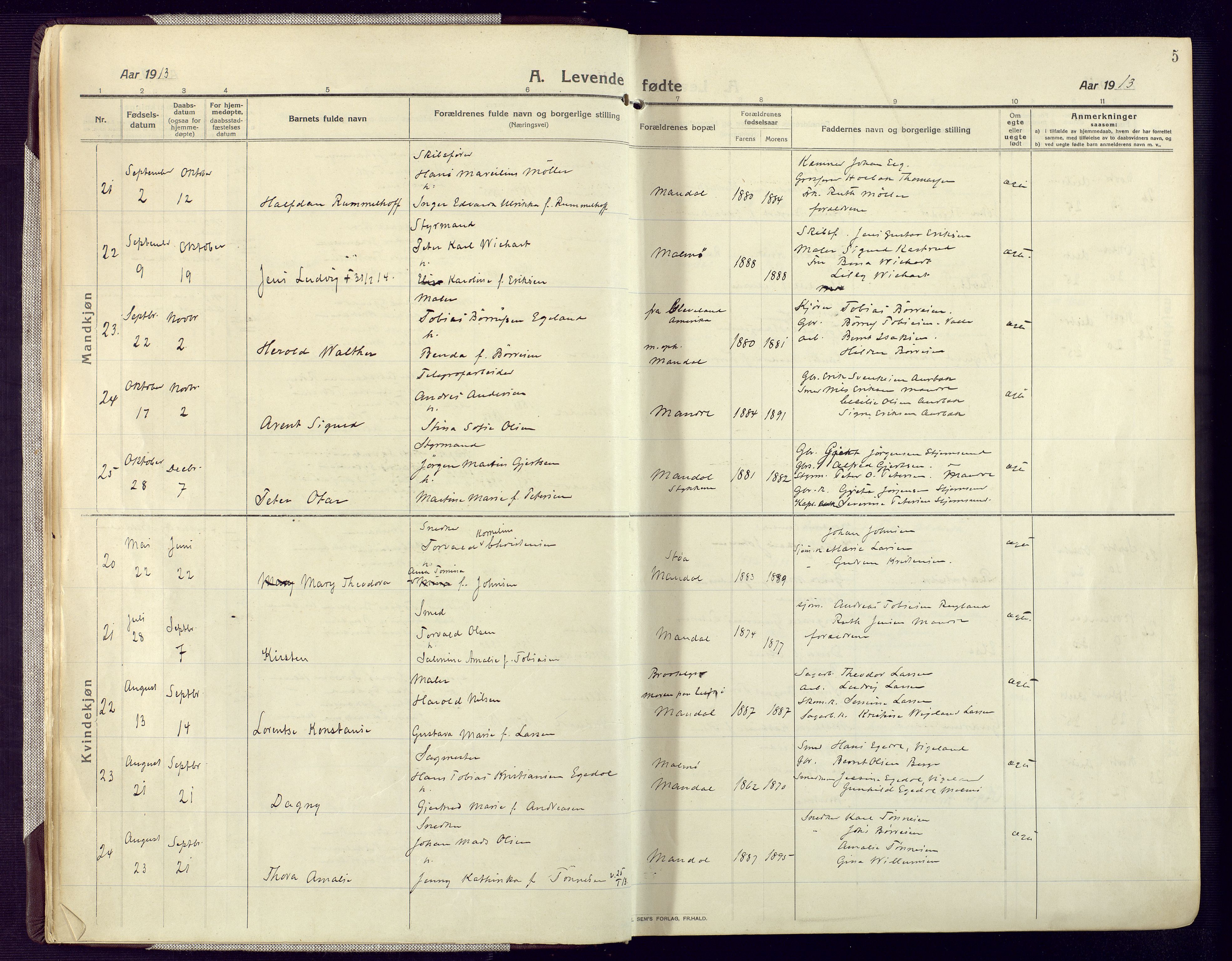 Mandal sokneprestkontor, AV/SAK-1111-0030/F/Fa/Fac/L0001: Parish register (official) no. A 1, 1913-1925, p. 5