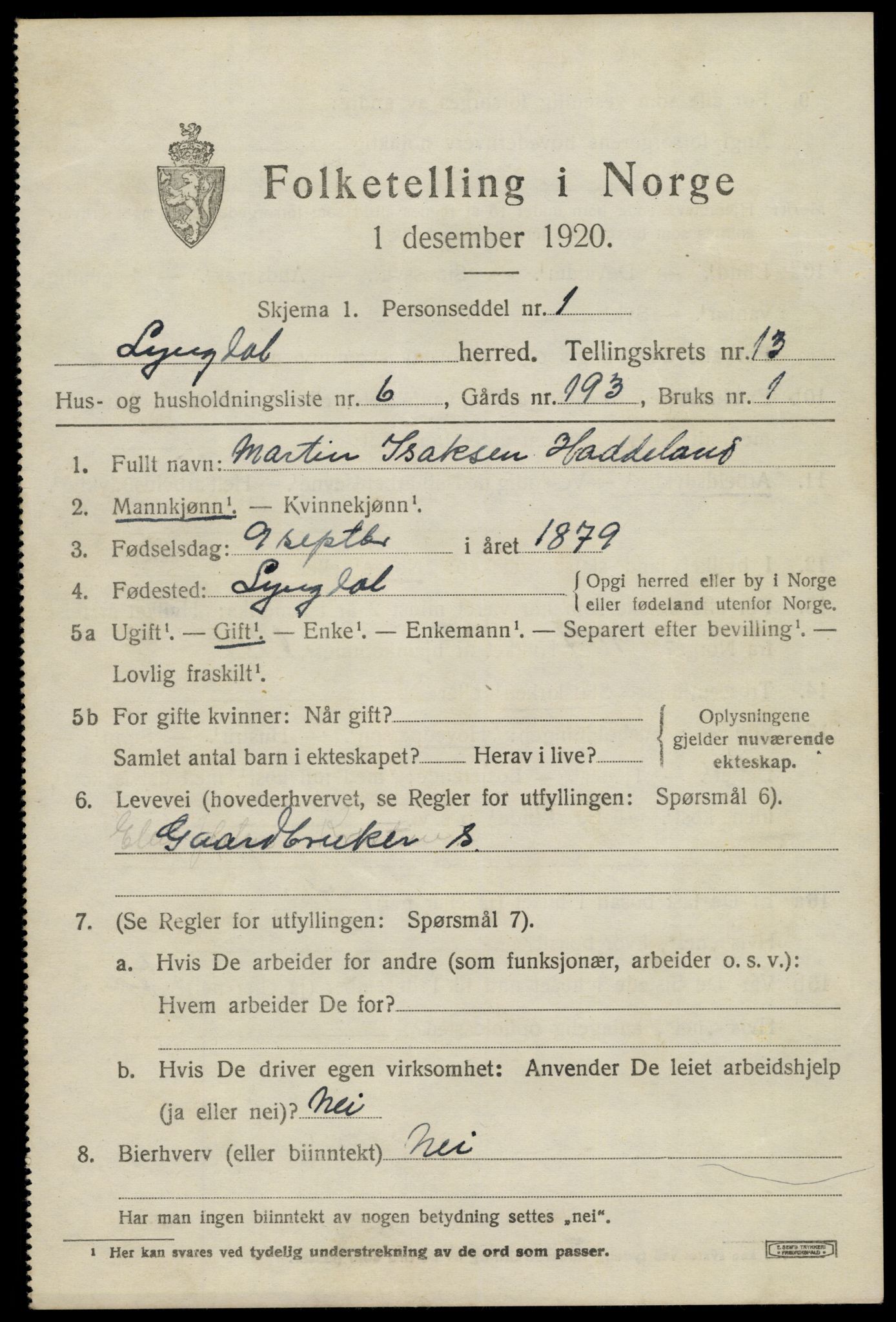 SAK, 1920 census for Lyngdal, 1920, p. 5875