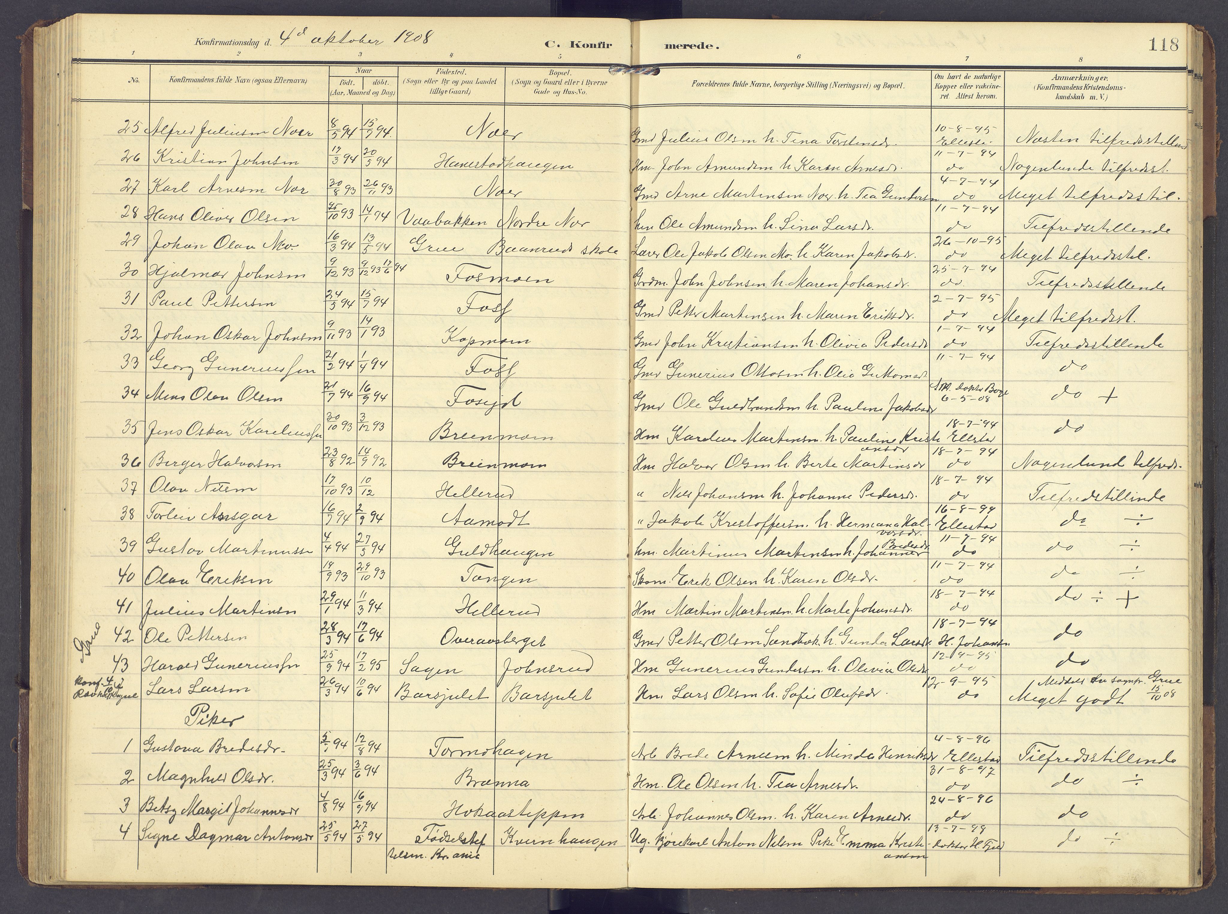 Brandval prestekontor, AV/SAH-PREST-034/H/Ha/Hab/L0003: Parish register (copy) no. 3, 1904-1917, p. 118