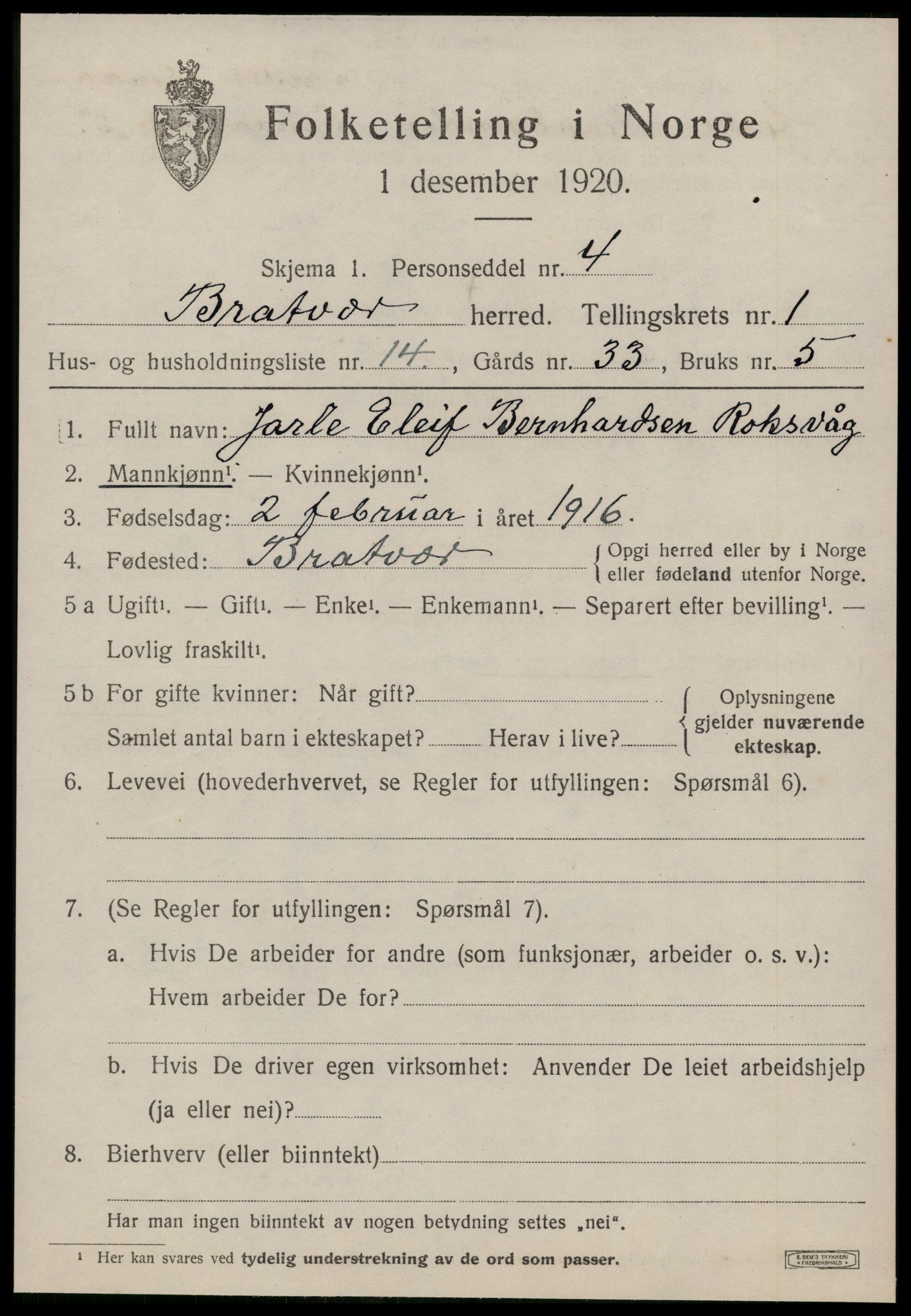 SAT, 1920 census for Brattvær, 1920, p. 780