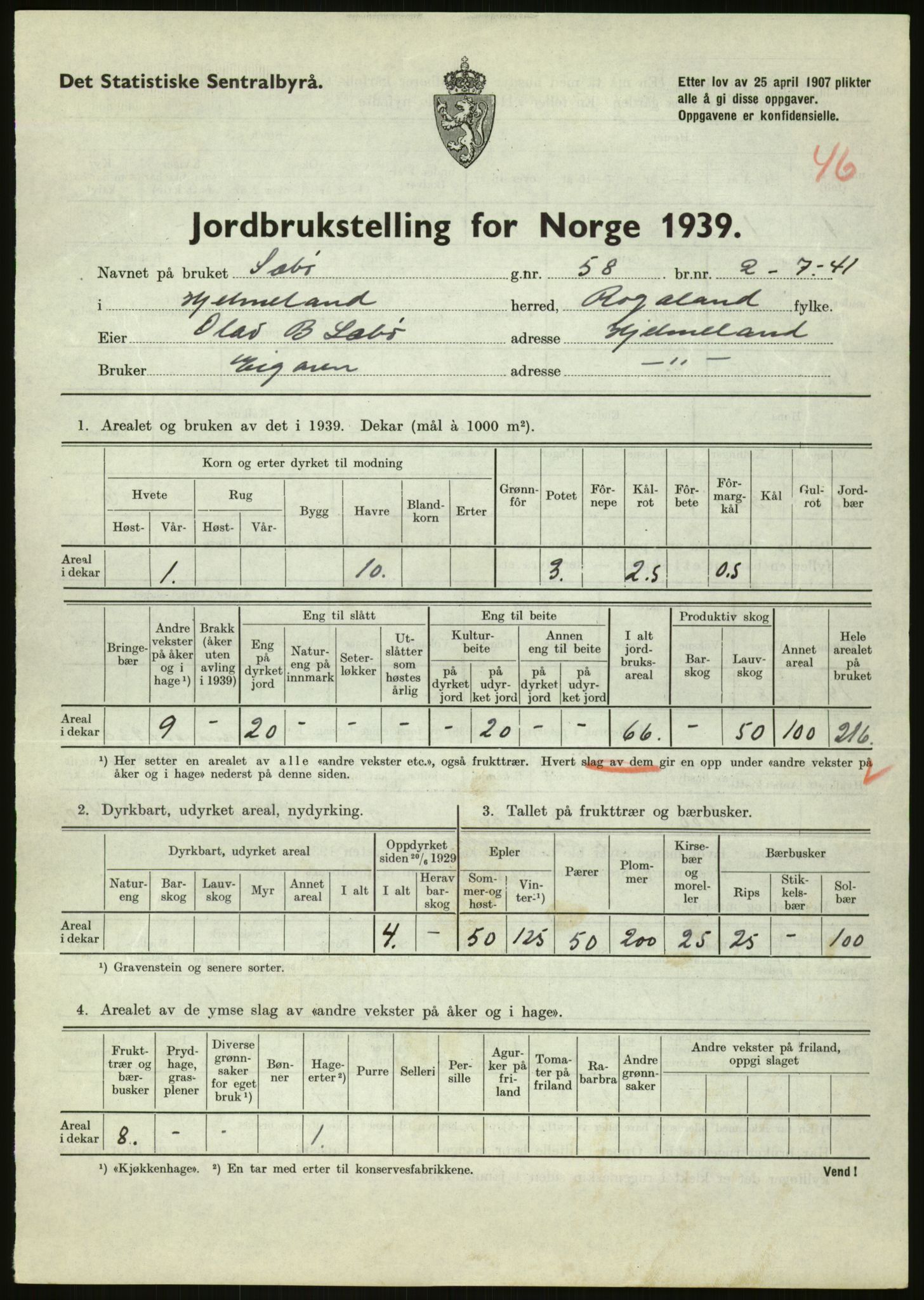 Statistisk sentralbyrå, Næringsøkonomiske emner, Jordbruk, skogbruk, jakt, fiske og fangst, AV/RA-S-2234/G/Gb/L0184: Rogaland: Årdal, Fister og Hjelmeland, 1939, p. 1575