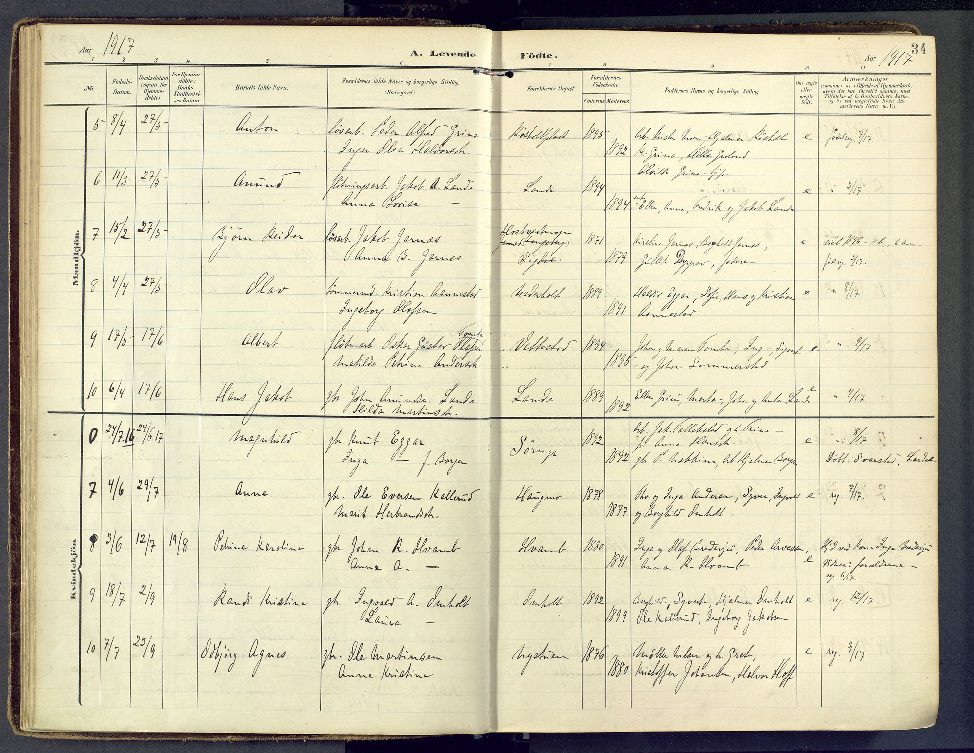 Sandsvær kirkebøker, AV/SAKO-A-244/F/Fb/L0002: Parish register (official) no. II 2, 1906-1956, p. 34