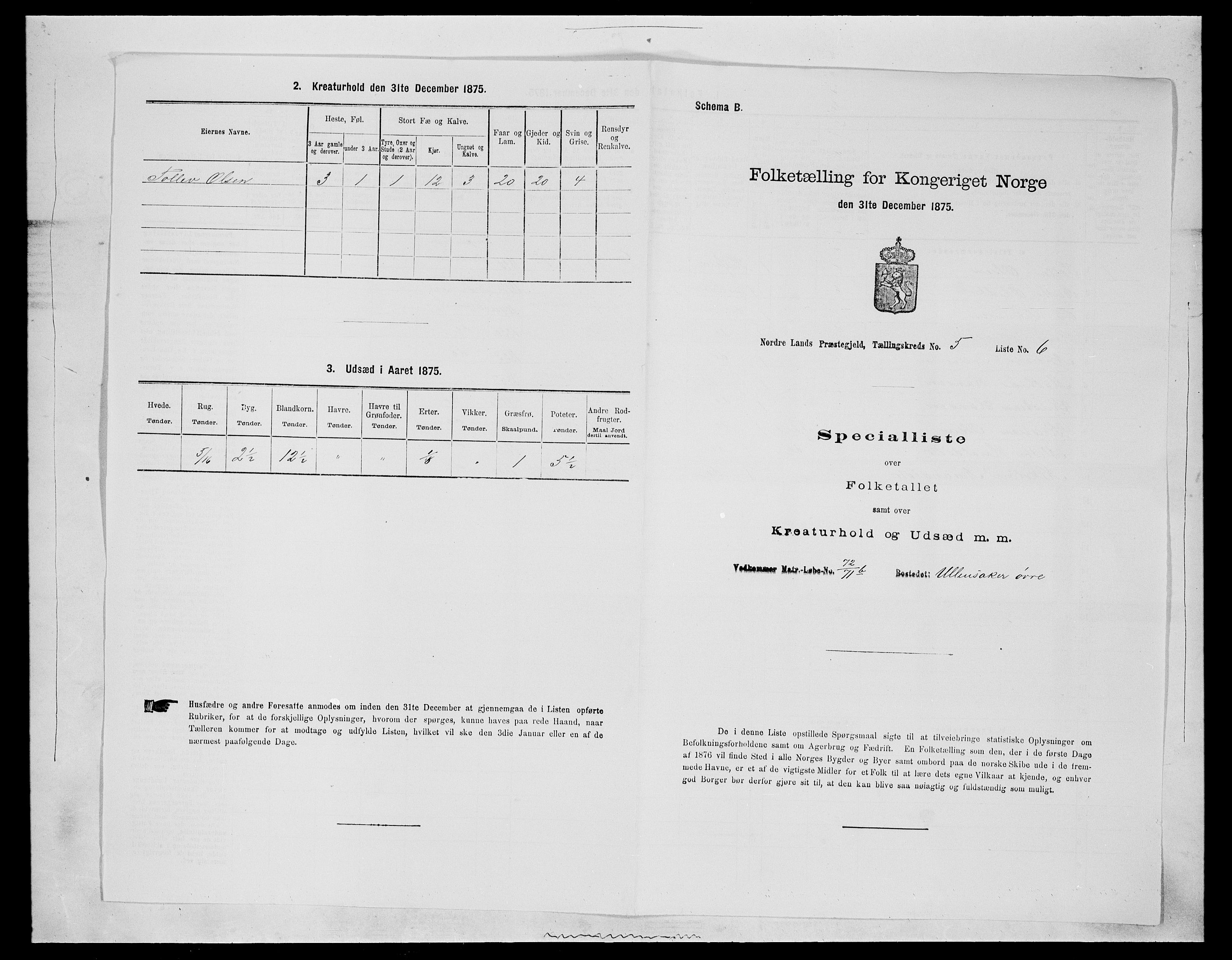 SAH, 1875 census for 0538P Nordre Land, 1875, p. 692