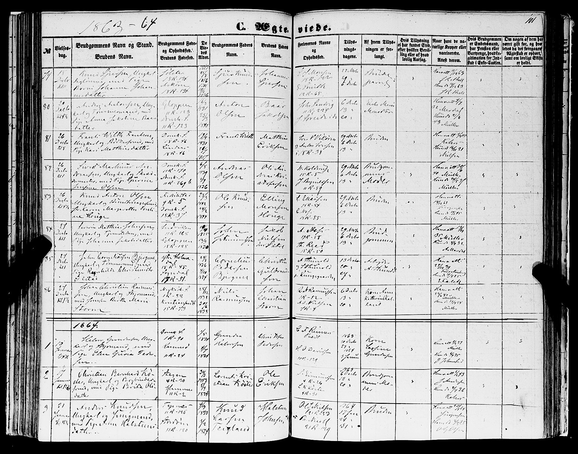 Domkirken sokneprestembete, SAB/A-74801/H/Haa/L0034: Parish register (official) no. D 2, 1853-1874, p. 101