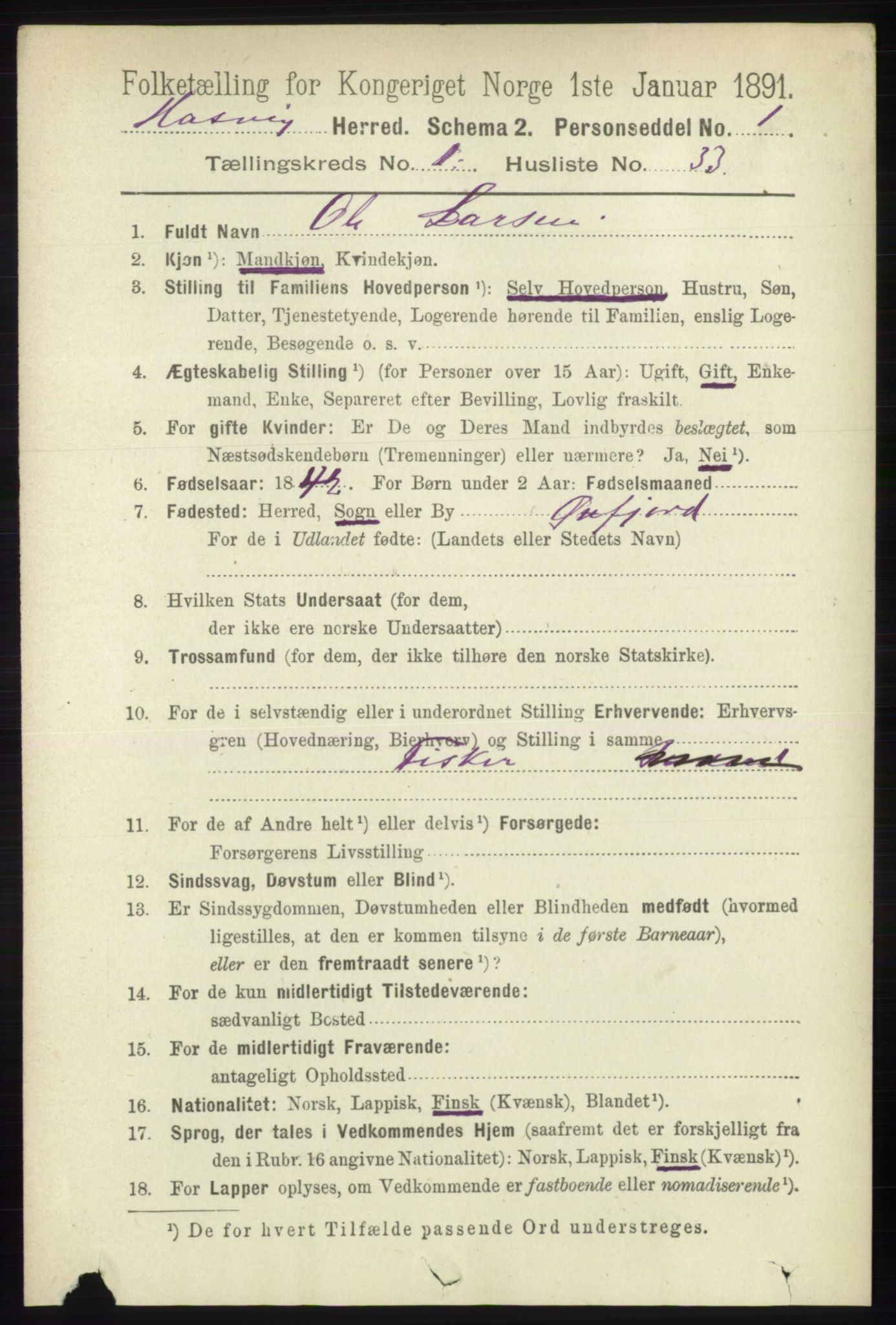 RA, 1891 census for 2015 Hasvik, 1891, p. 255