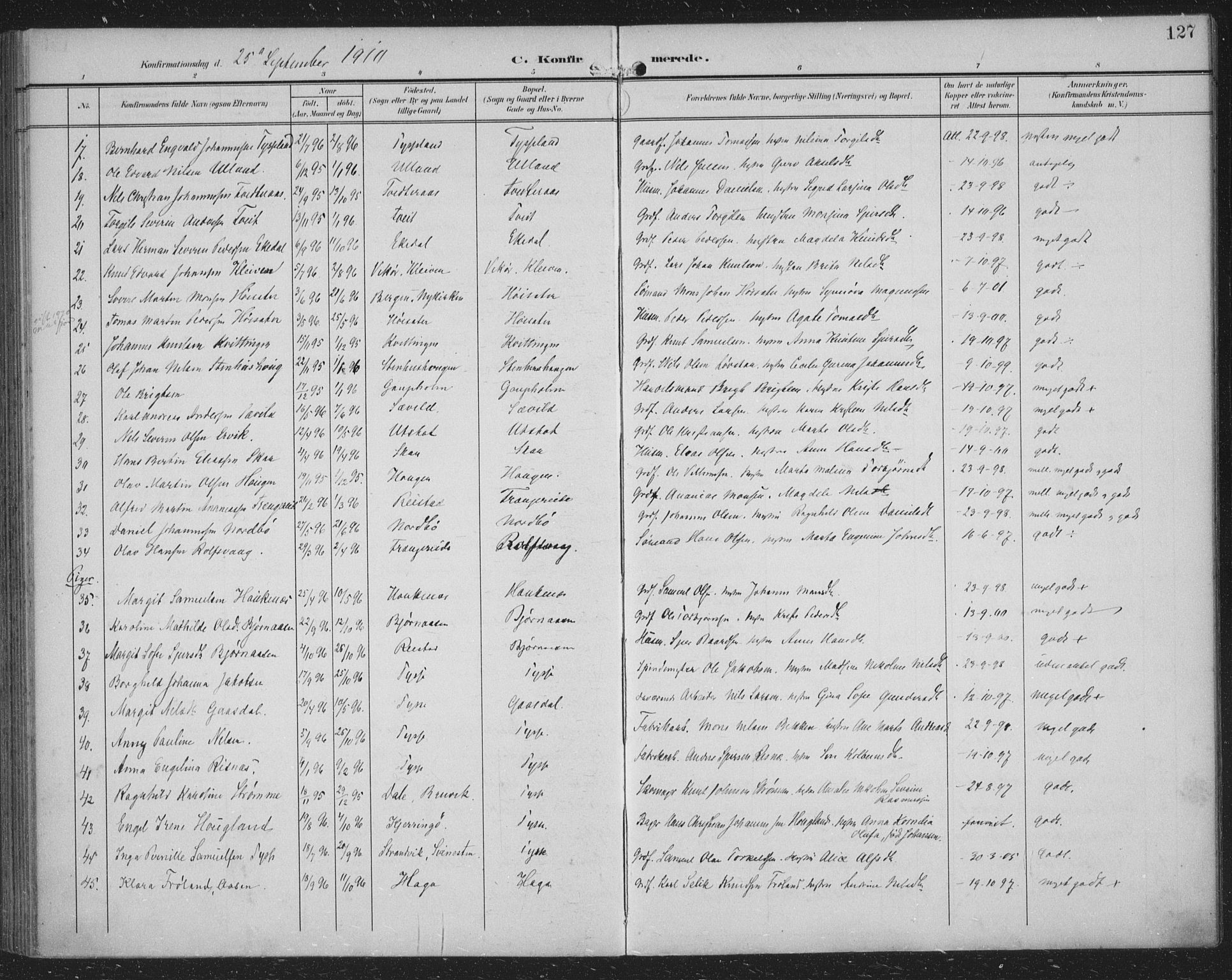 Samnanger Sokneprestembete, AV/SAB-A-77501/H/Haa: Parish register (official) no. A 2, 1902-1918, p. 127