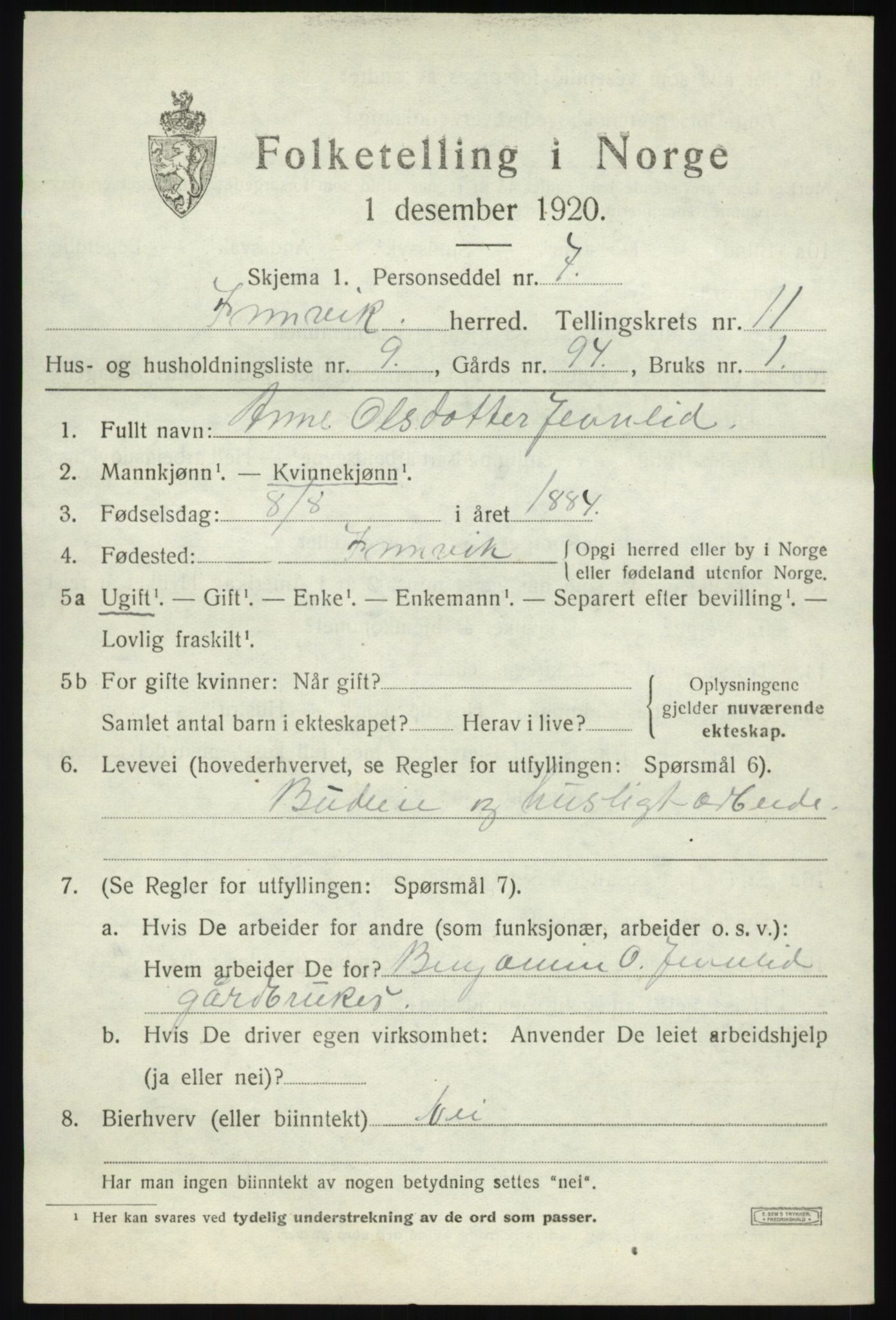 SAB, 1920 census for Innvik, 1920, p. 4625