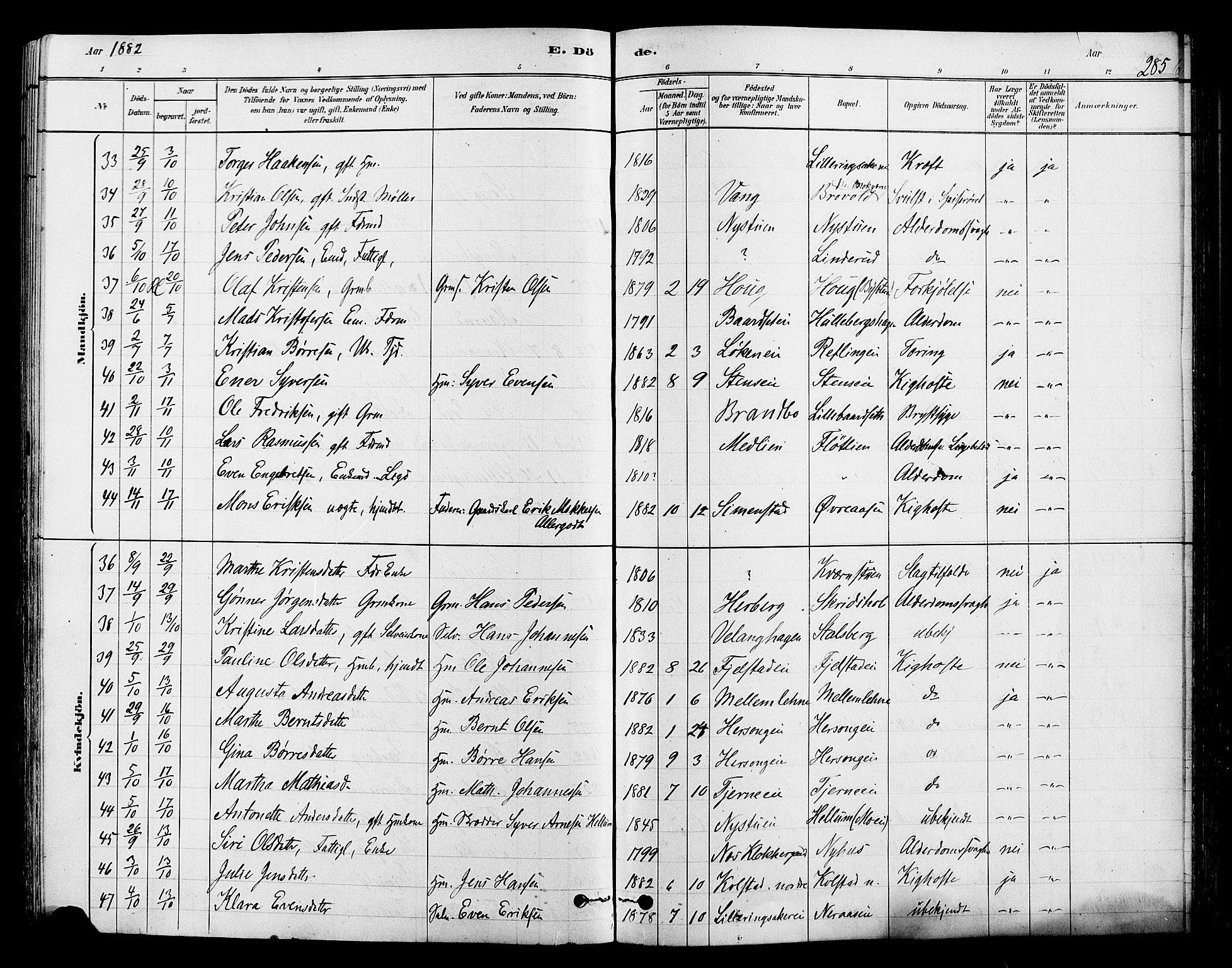 Ringsaker prestekontor, AV/SAH-PREST-014/L/La/L0009: Parish register (copy) no. 9, 1879-1890, p. 285