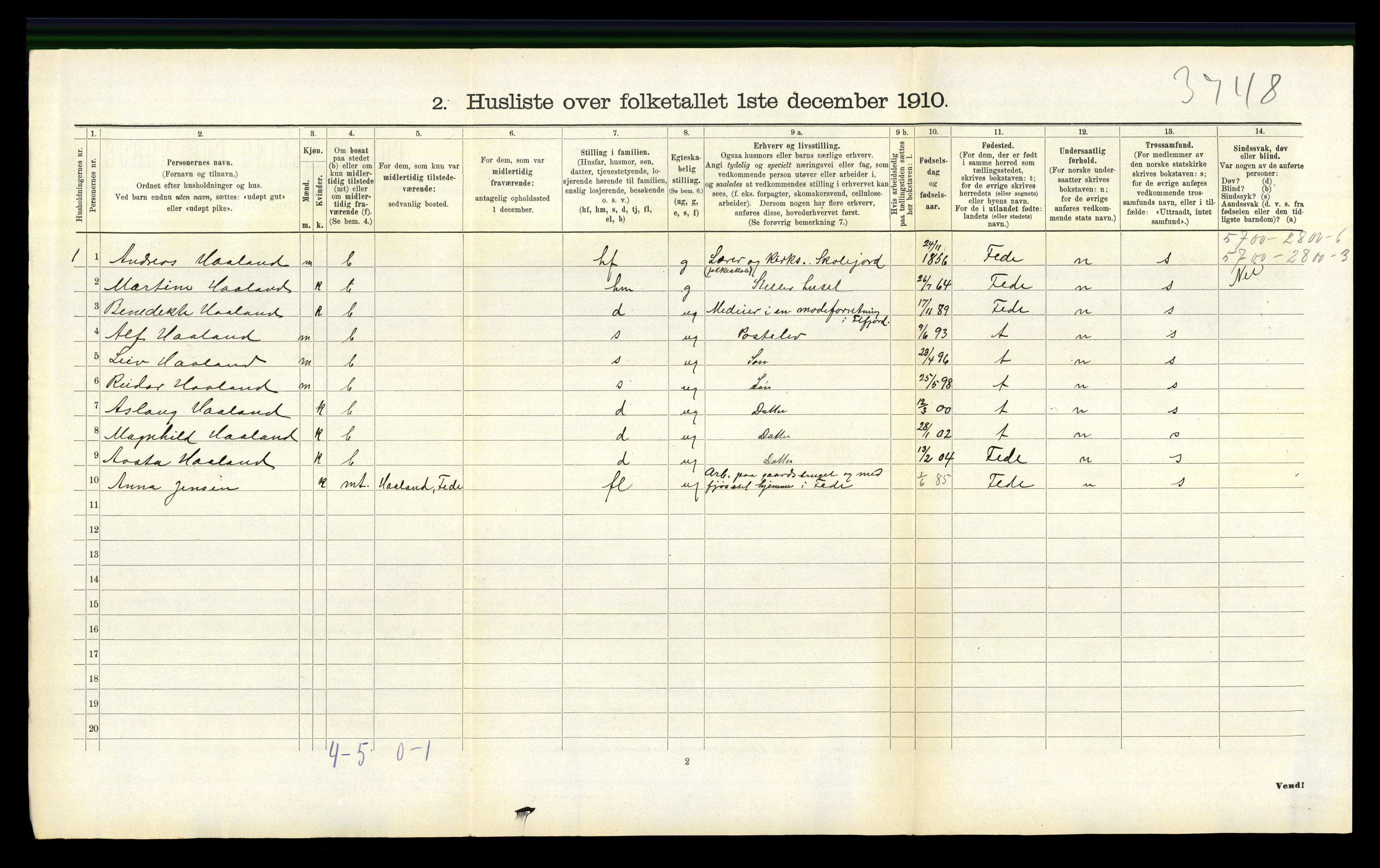 RA, 1910 census for Nes, 1910, p. 496