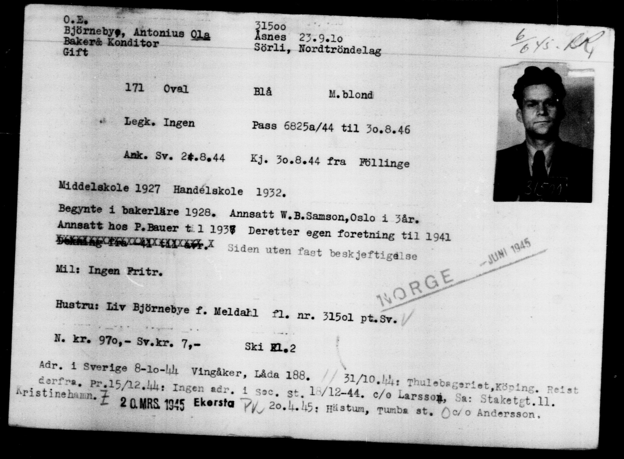 Den Kgl. Norske Legasjons Flyktningskontor, AV/RA-S-6753/V/Va/L0013: Kjesäterkartoteket.  Flyktningenr. 31500-34731, 1940-1945, p. 2