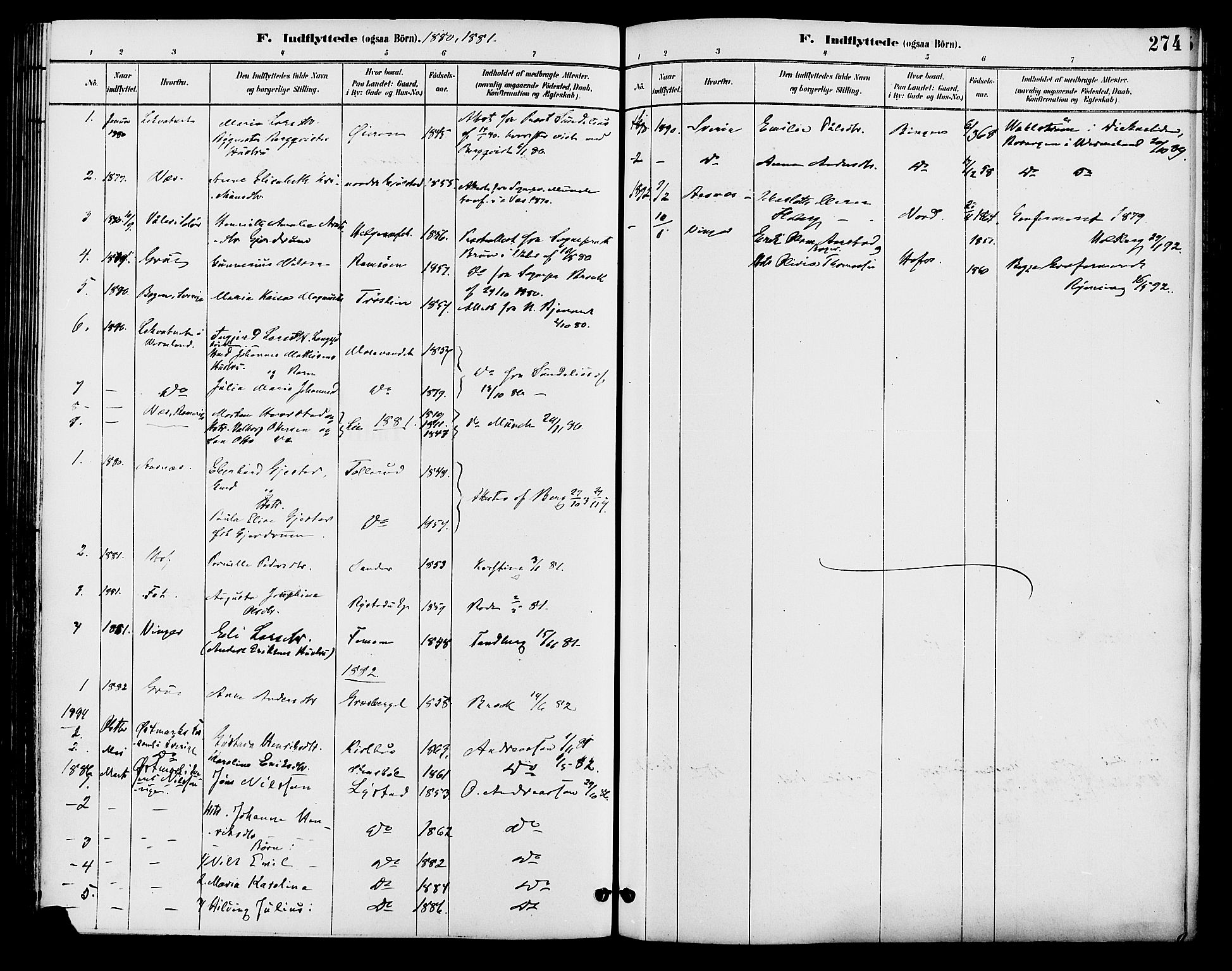 Brandval prestekontor, AV/SAH-PREST-034/H/Ha/Haa/L0002: Parish register (official) no. 2, 1880-1894, p. 274