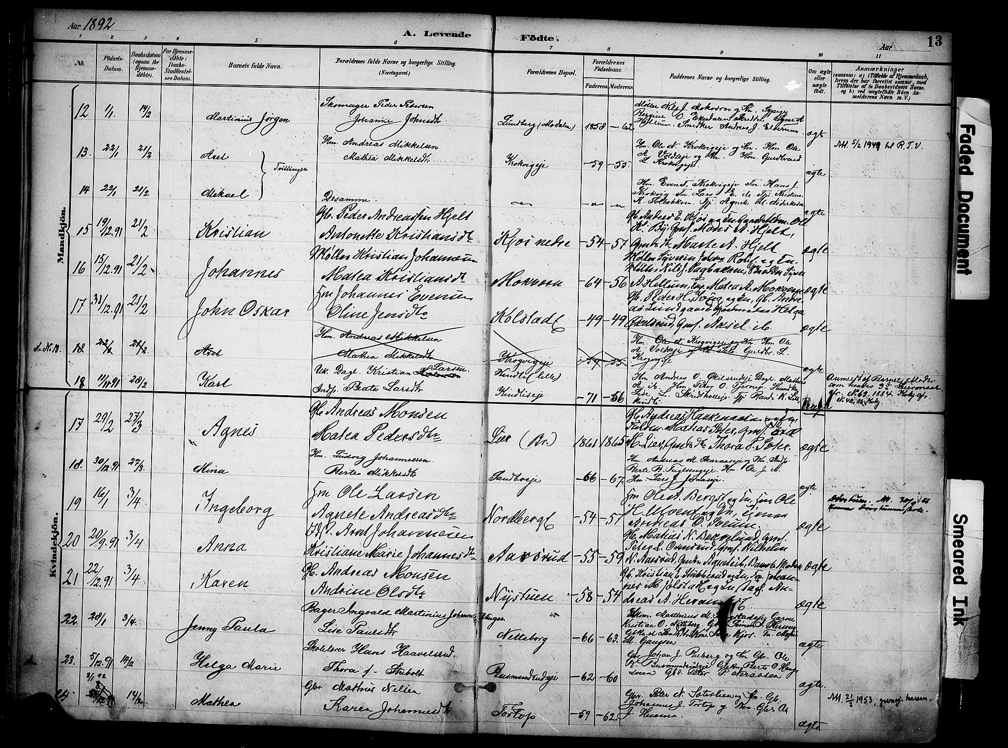 Ringsaker prestekontor, SAH/PREST-014/K/Ka/L0017: Parish register (official) no. 17, 1891-1902, p. 13