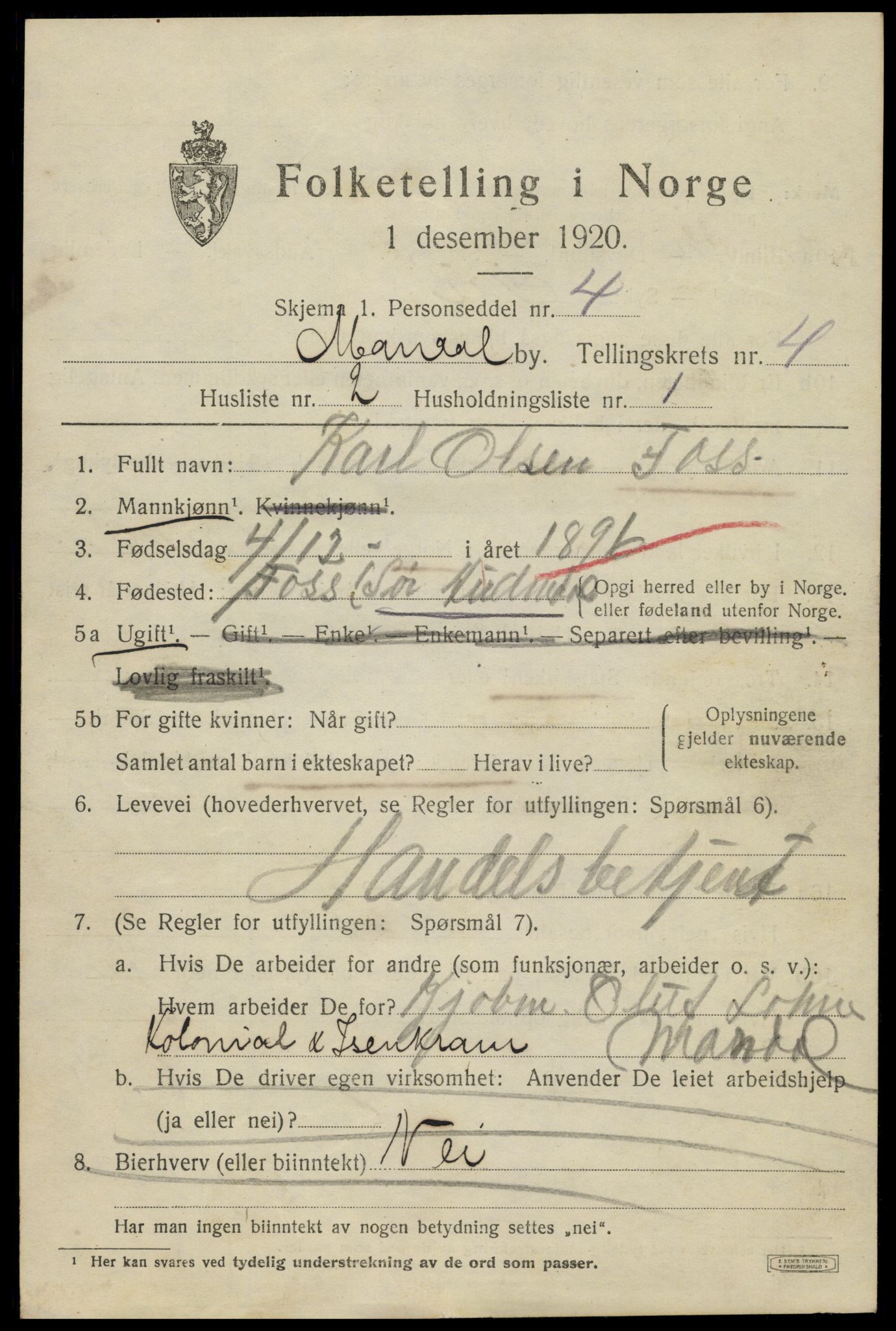 SAK, 1920 census for Mandal, 1920, p. 7031