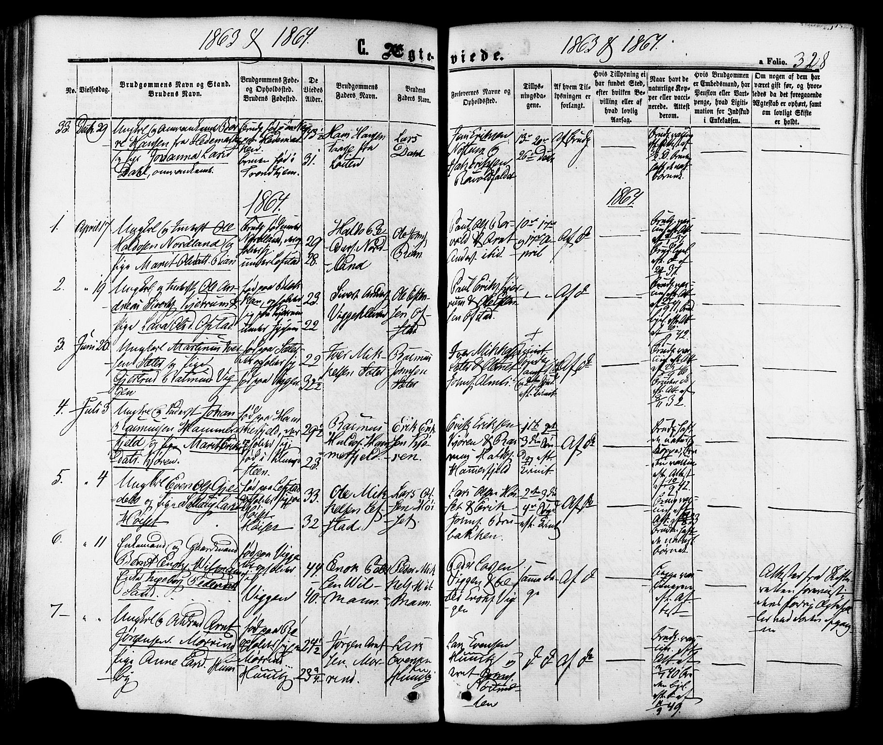 Ministerialprotokoller, klokkerbøker og fødselsregistre - Sør-Trøndelag, SAT/A-1456/665/L0772: Parish register (official) no. 665A07, 1856-1878, p. 328