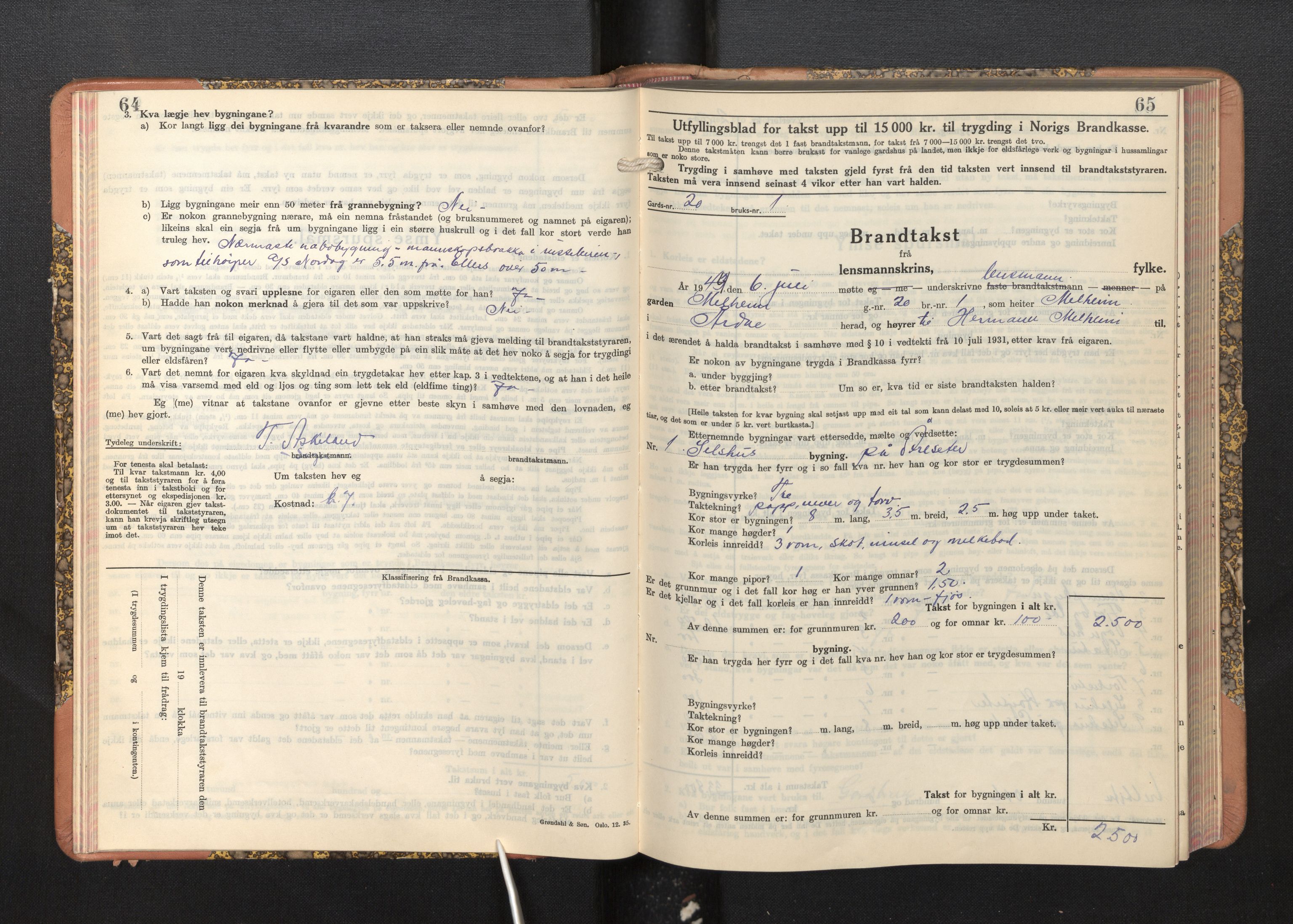 Lensmannen i Årdal, AV/SAB-A-30501/0012/L0011: Branntakstprotokoll, skjematakst, 1939-1948, p. 64-65