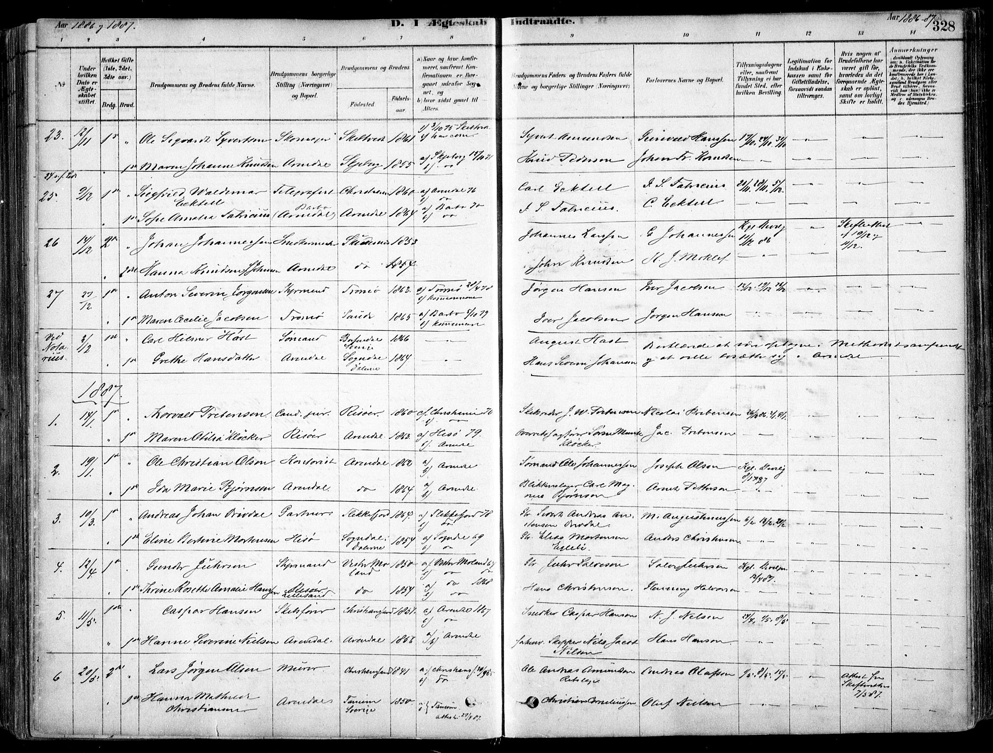 Arendal sokneprestkontor, Trefoldighet, SAK/1111-0040/F/Fa/L0008: Parish register (official) no. A 8, 1878-1899, p. 328