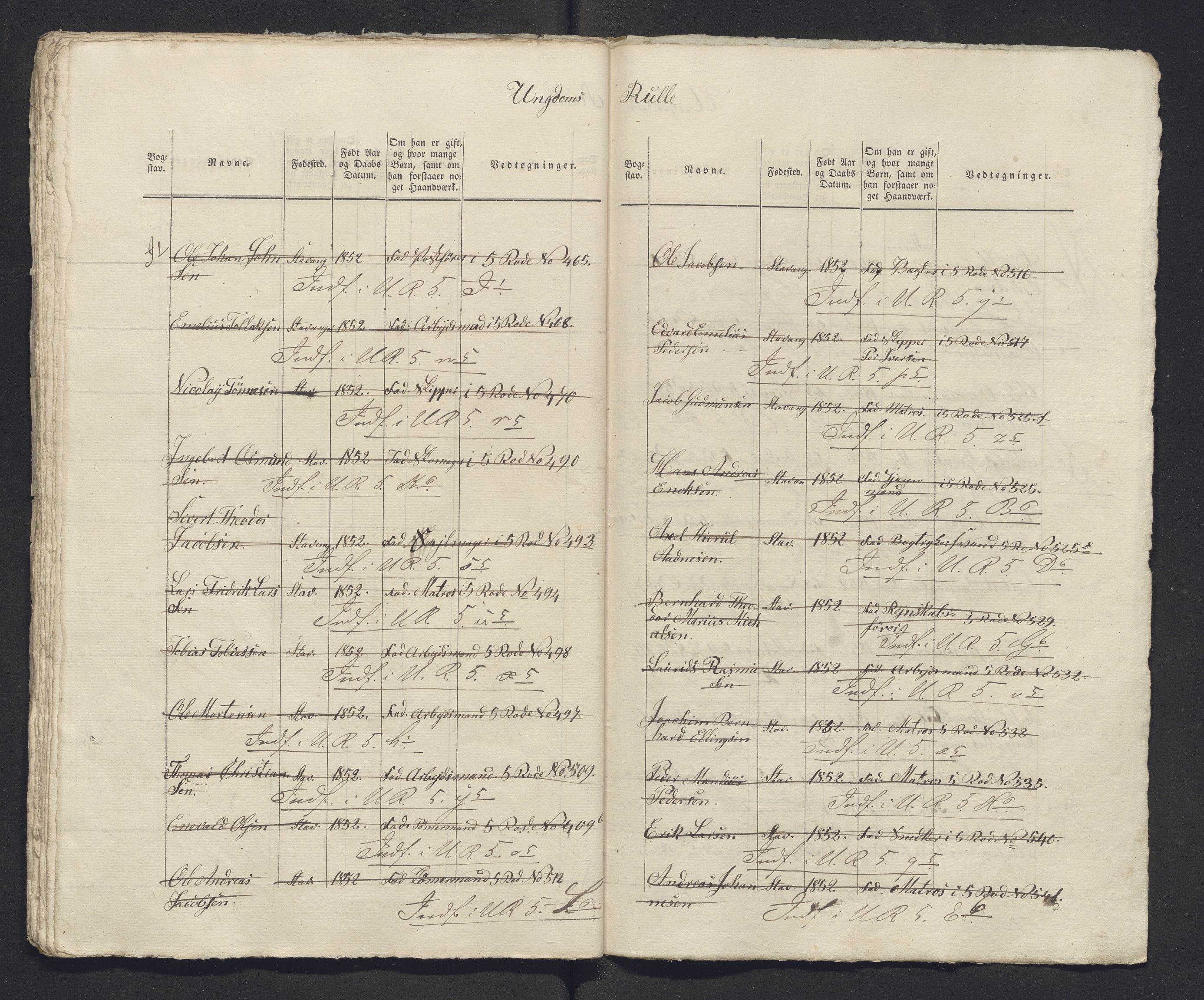 Innrulleringssjefen i Bergen, Avd. III. Bergen og Stavanger 1805-1850, AV/SAB-A-100467/H/Ha/L0009: Mannskapsruller, 1851-1852, p. 355