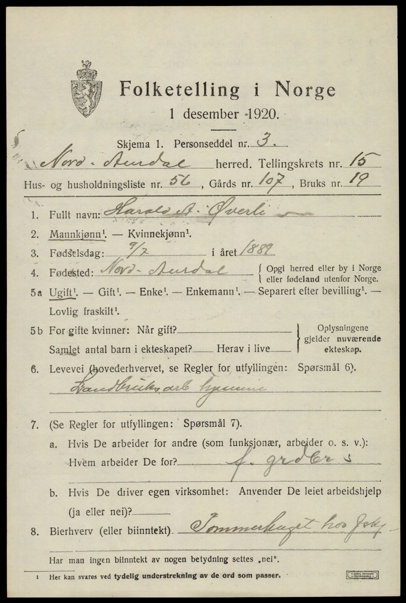 SAH, 1920 census for Nord-Aurdal, 1920, p. 11728