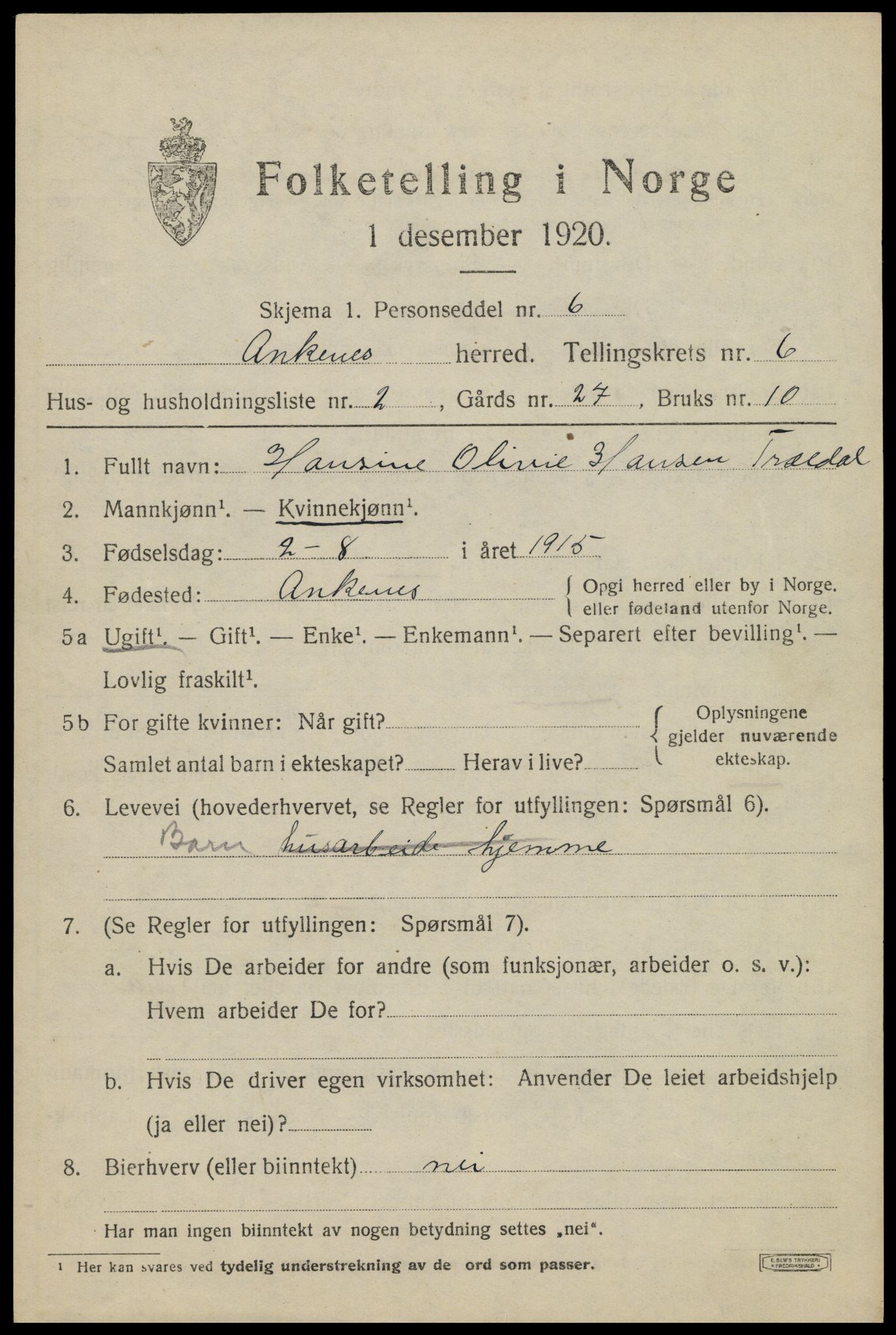 SAT, 1920 census for Ankenes, 1920, p. 3469