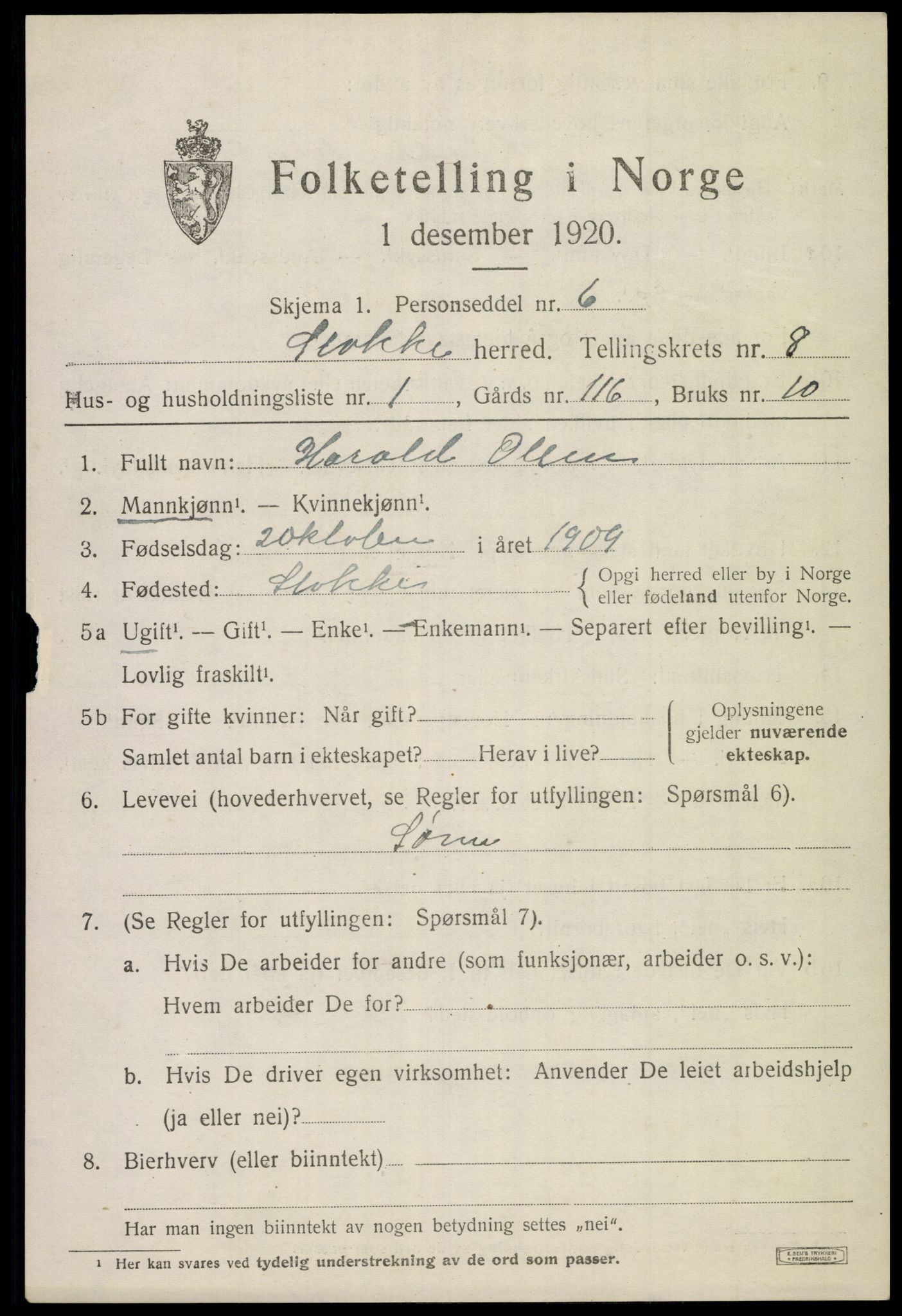 SAKO, 1920 census for Stokke, 1920, p. 9302