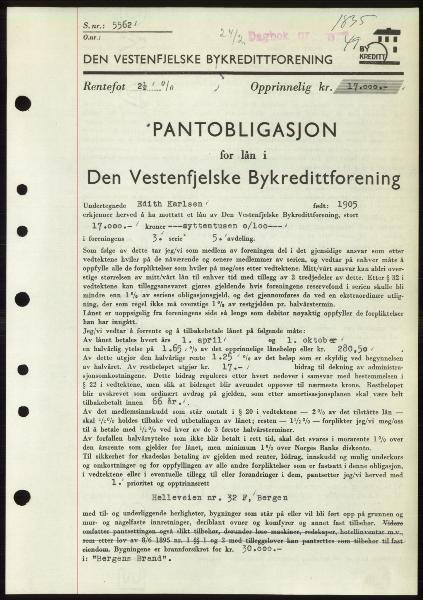 Byfogd og Byskriver i Bergen, AV/SAB-A-3401/03/03Bd/L0003: Mortgage book no. B29-39, 1947-1950, Diary no: : 1835/1949