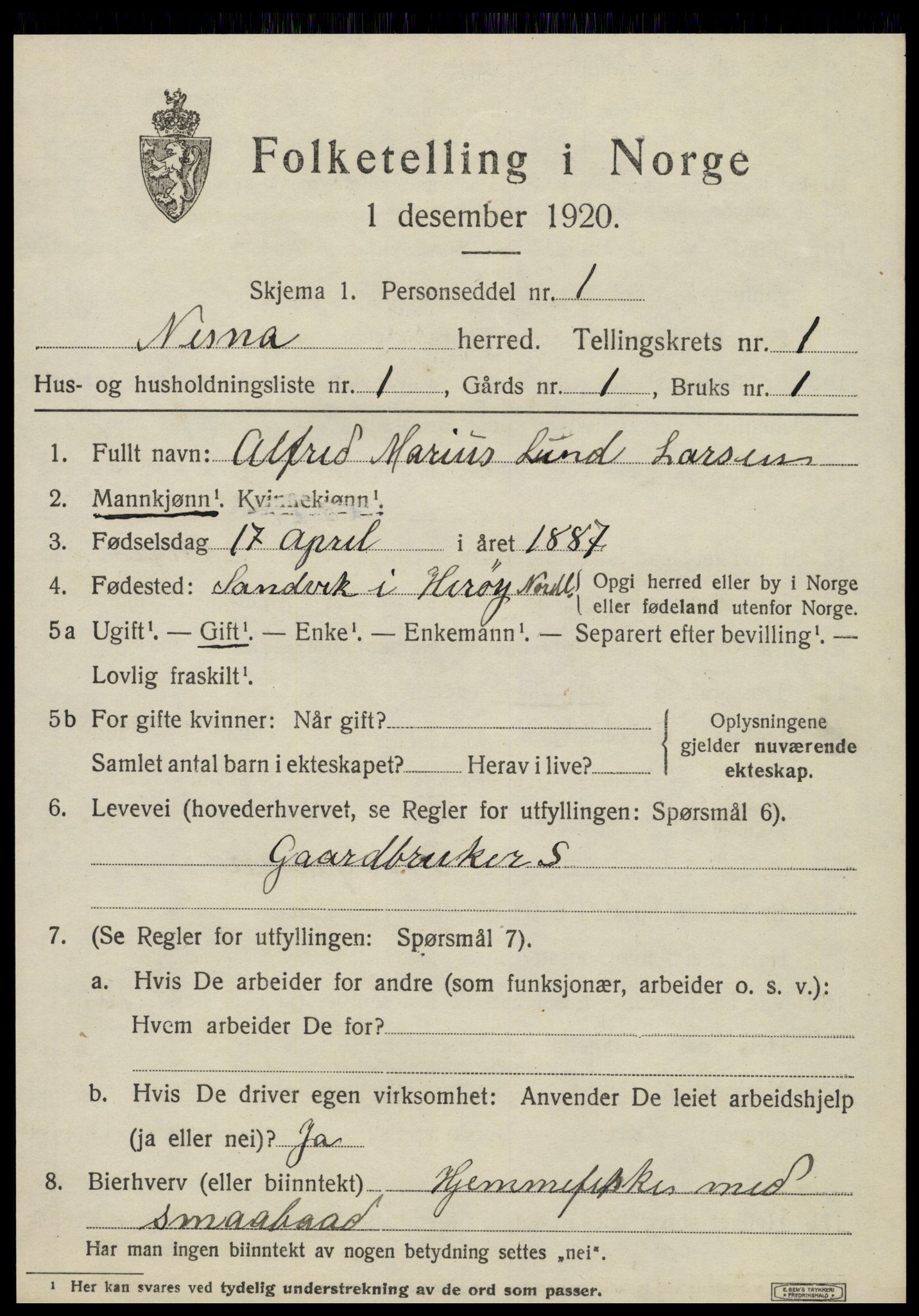 SAT, 1920 census for Nesna, 1920, p. 1239