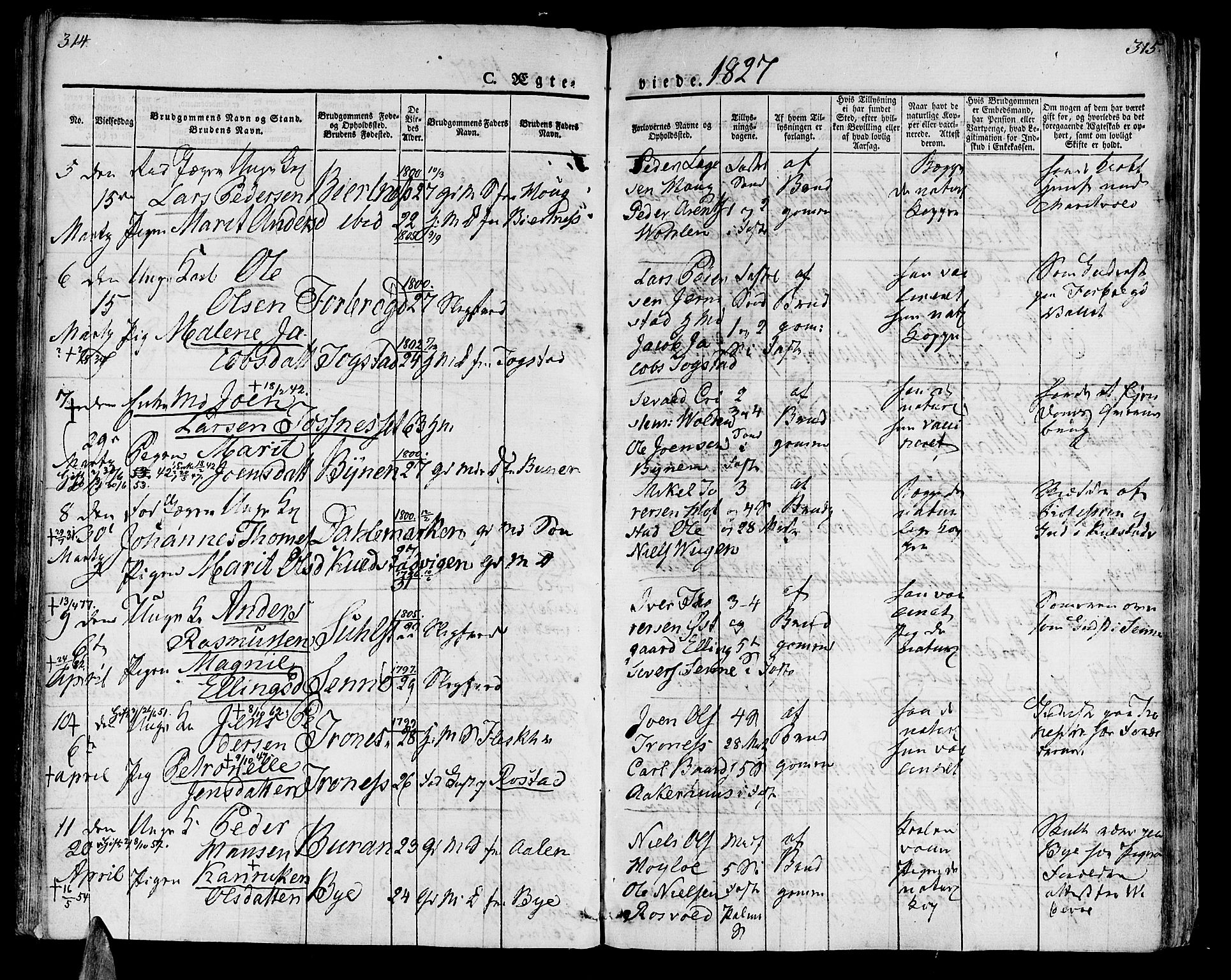 Ministerialprotokoller, klokkerbøker og fødselsregistre - Nord-Trøndelag, SAT/A-1458/723/L0237: Parish register (official) no. 723A06, 1822-1830, p. 314-315