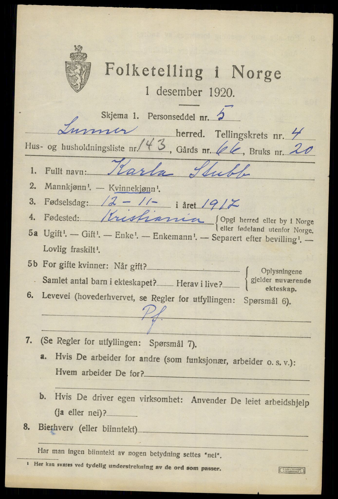 SAH, 1920 census for Lunner, 1920, p. 6913